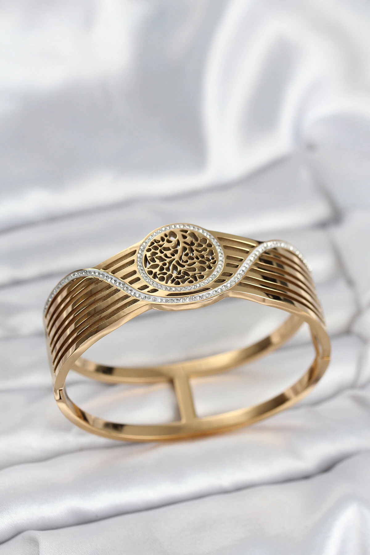 316L Çelik Gold Renk Yaşam Ağacı Modelli Kadın Kelepçe Bileklik-0