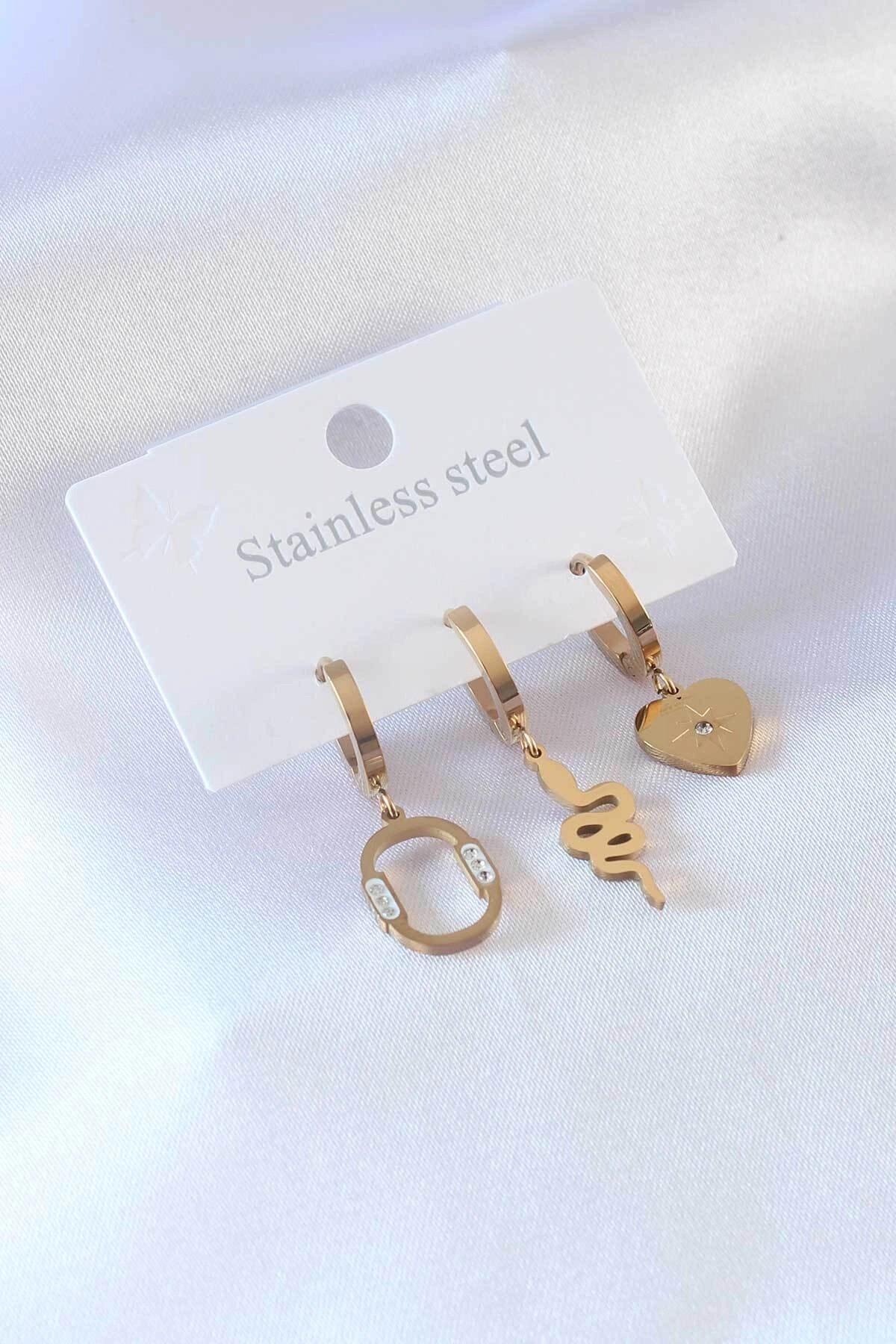316L Çelik Gold Renk Yılan Model Kalp Detay Zirkon Taşlı Kadın Küpe-0