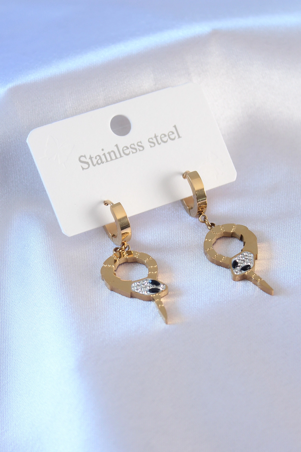 316L Çelik Gold Renk Yılan Model Zirkon Taşlı Kadın Küpe-0