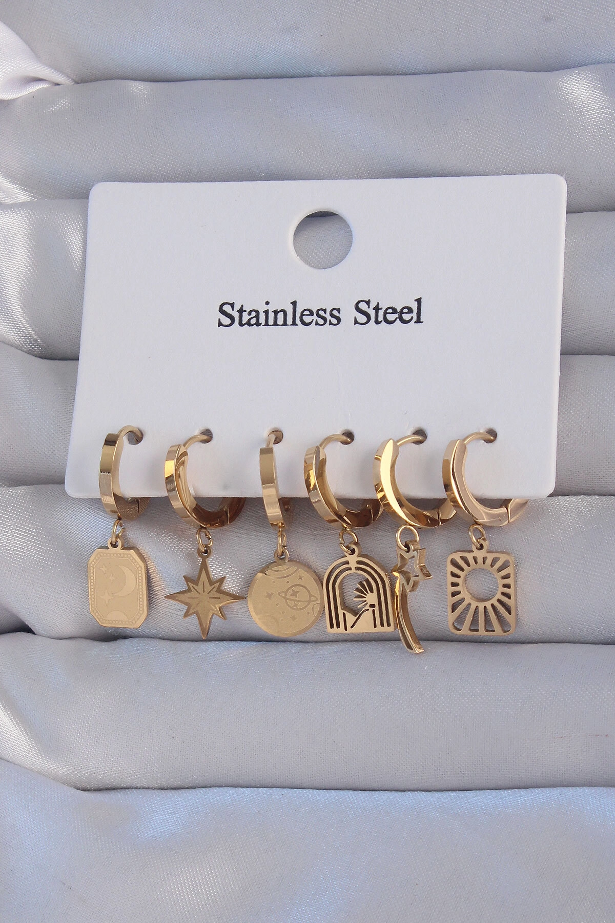 316L Çelik Gold Renk Yıldız Figürlü Tarot Model Halka Küpe Seti-0