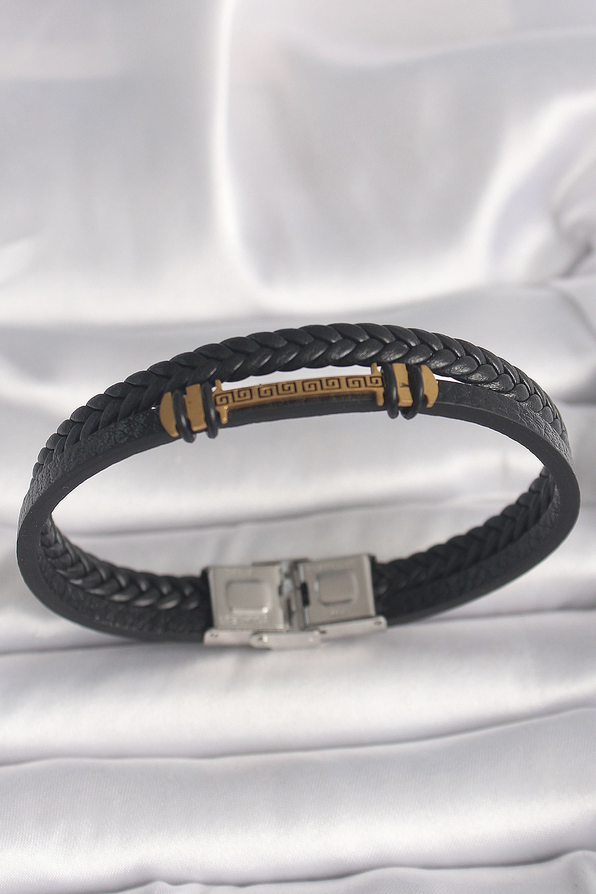 316L Çelik Gold Renk ZikZak İşlemeli Aksesuarlı Çift Sıra Burgu Desenli Deri Kordon Erkek Bileklik-0