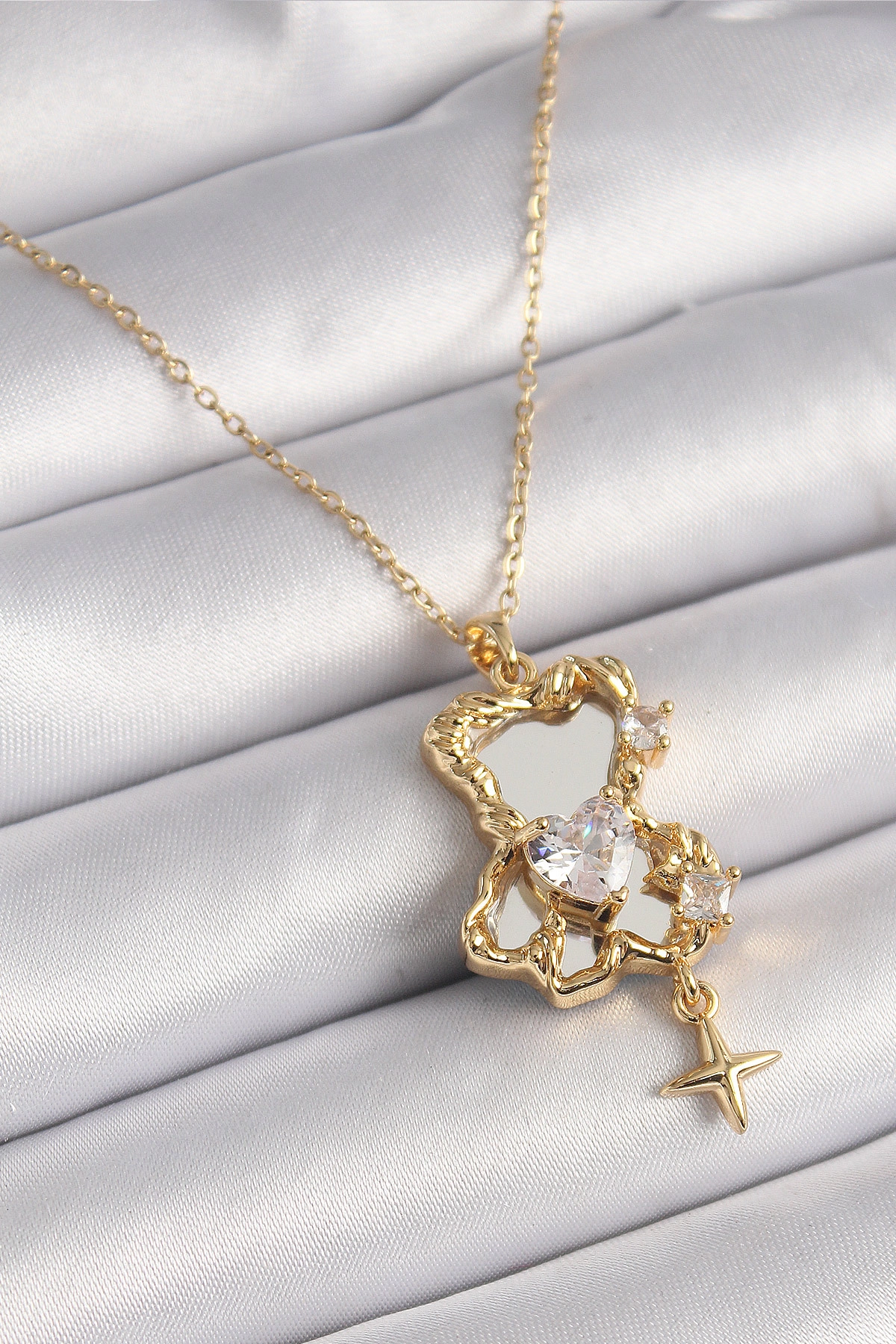 316L Çelik Gold Renk Zincir Ayna Ayıcık Model Zirkon Taşlı Kalp Model Kadın Kolye-0