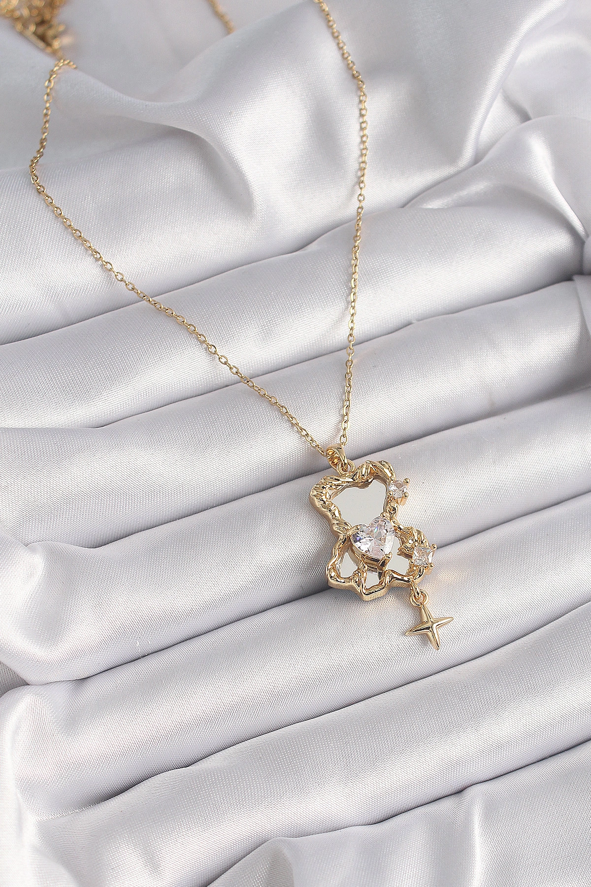 316L Çelik Gold Renk Zincir Ayna Ayıcık Model Zirkon Taşlı Kalp Model Kadın Kolye-1