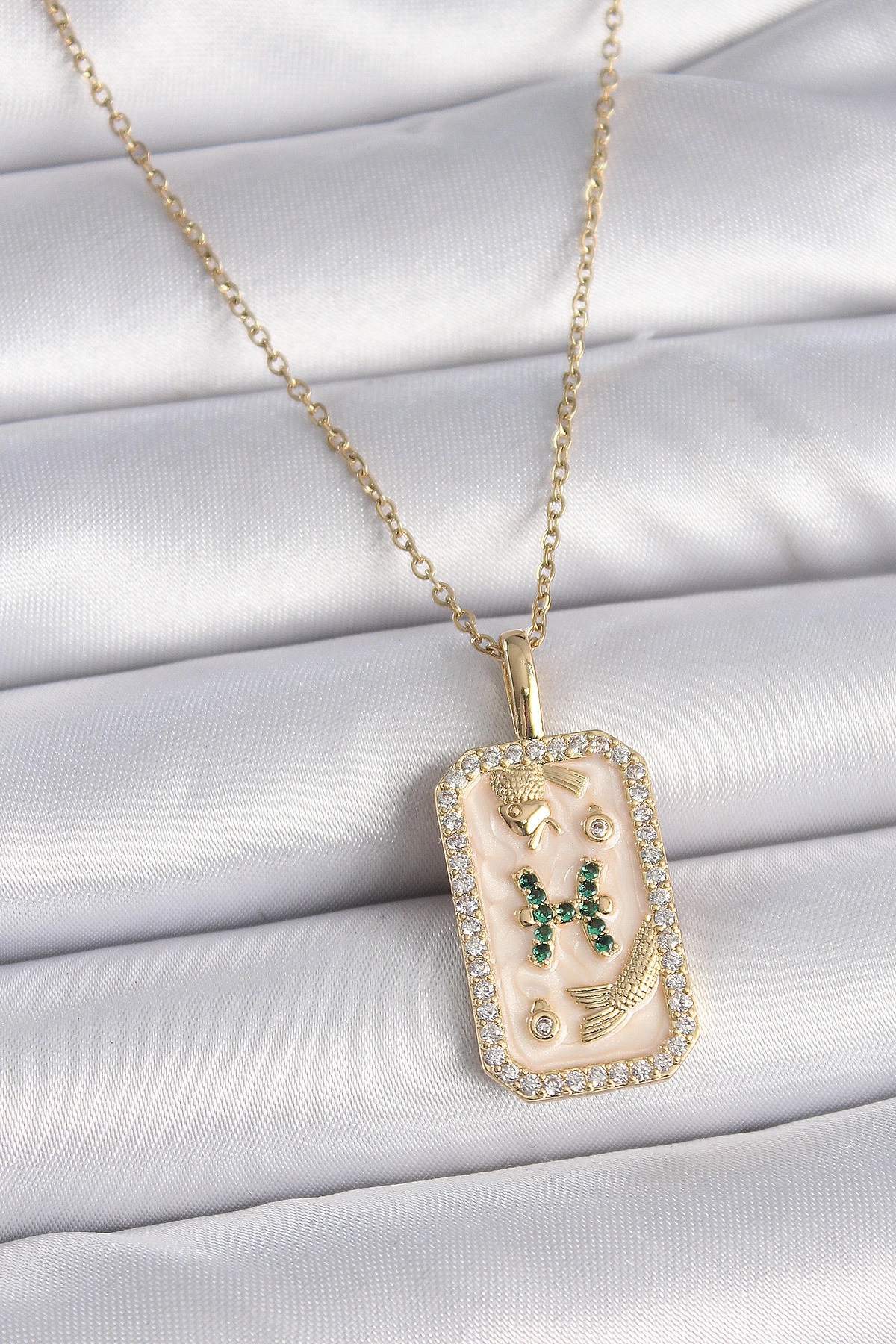 316L Çelik Gold Renk Zincir Balık Burcu Zirkon Taşlı Kadın Kolye-0