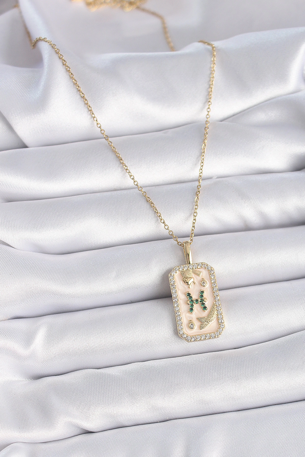 316L Çelik Gold Renk Zincir Balık Burcu Zirkon Taşlı Kadın Kolye-1