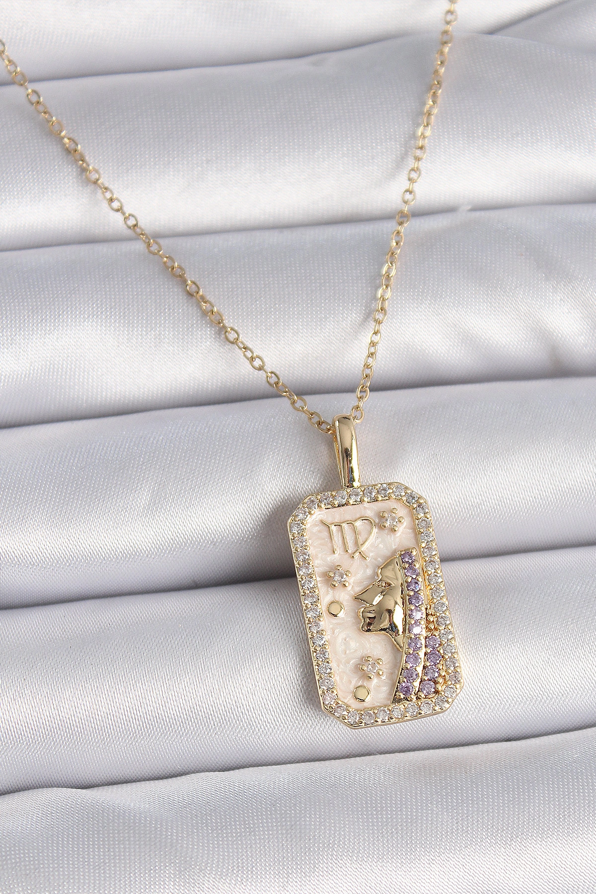 316L Çelik Gold Renk Zincir Başak Burcu Zirkon Taşlı Kadın Kolye-0