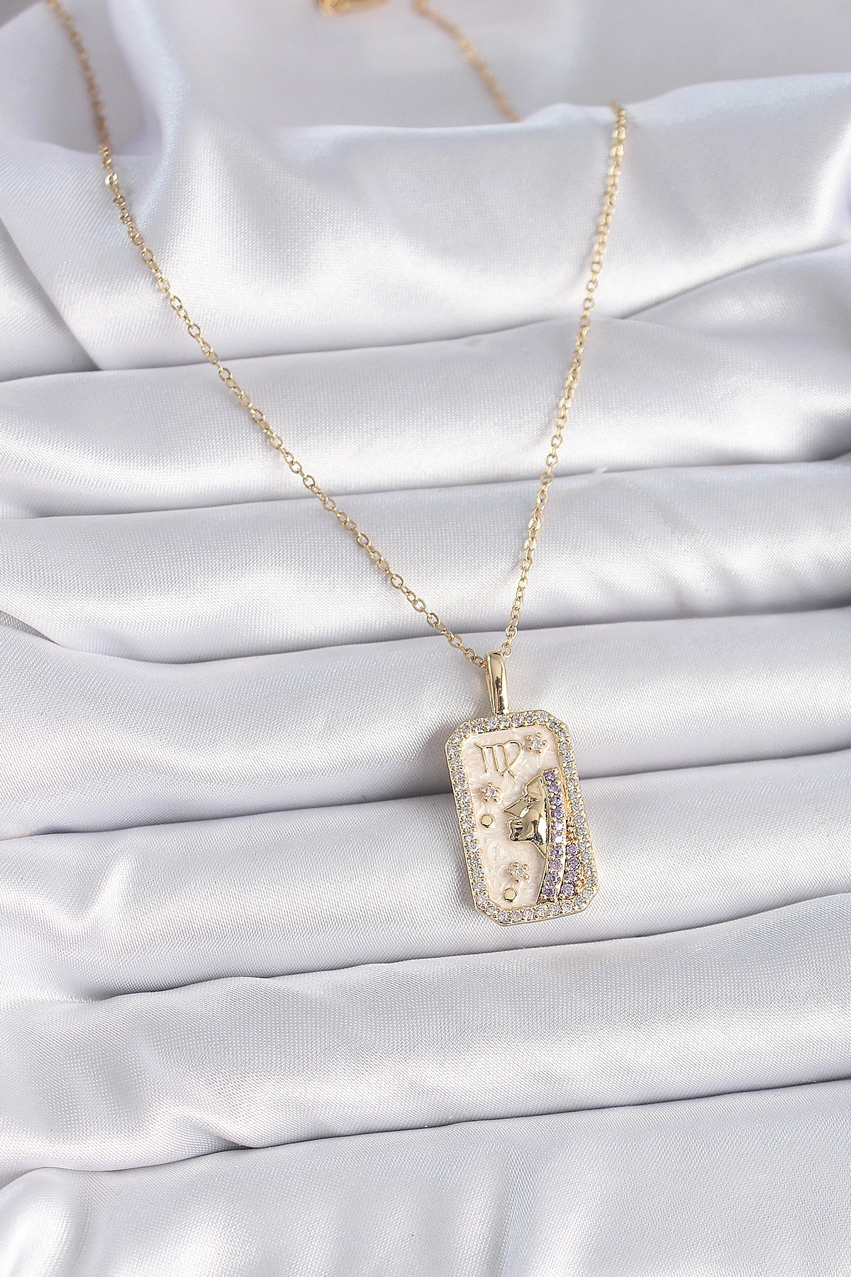 316L Çelik Gold Renk Zincir Başak Burcu Zirkon Taşlı Kadın Kolye-1