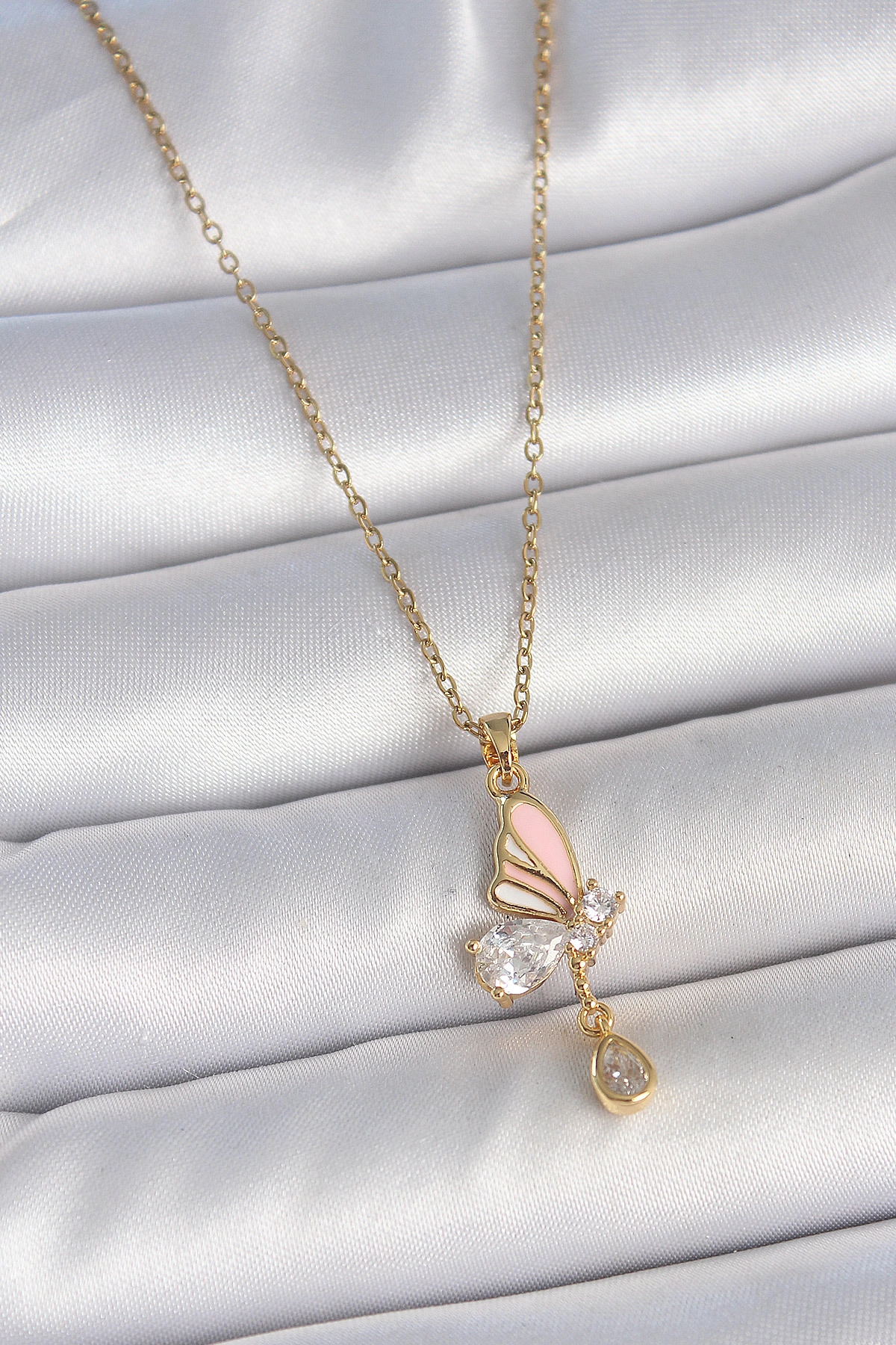 316L Çelik Gold Renk Zincir Damla Zirkon Taşlı Kelebek Model Sallantı Detay Kadın Kolye-0