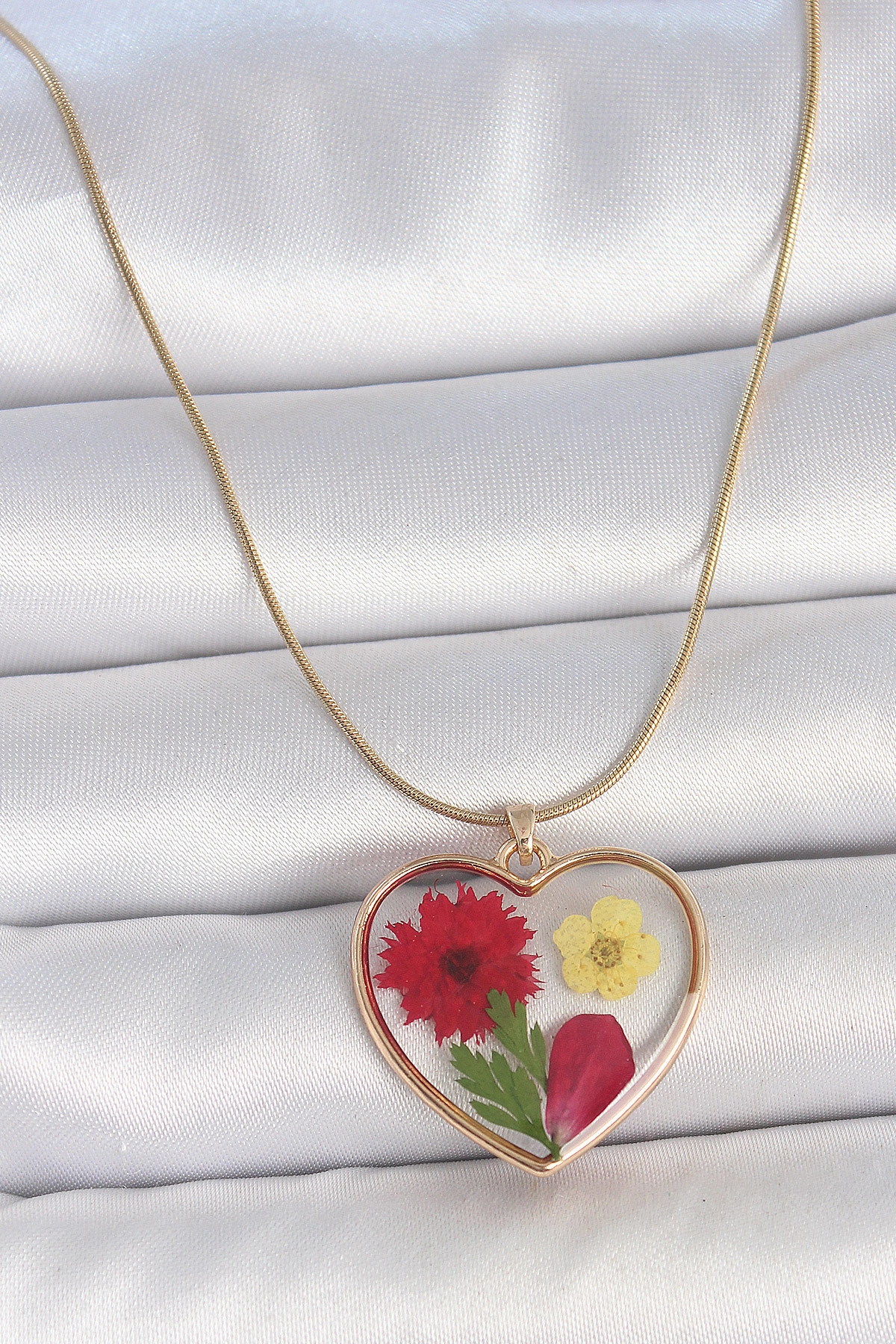 316L Çelik Gold Renk Zincir Epokis Kalp Doğal Çiçek Model Kadın Kolye-0