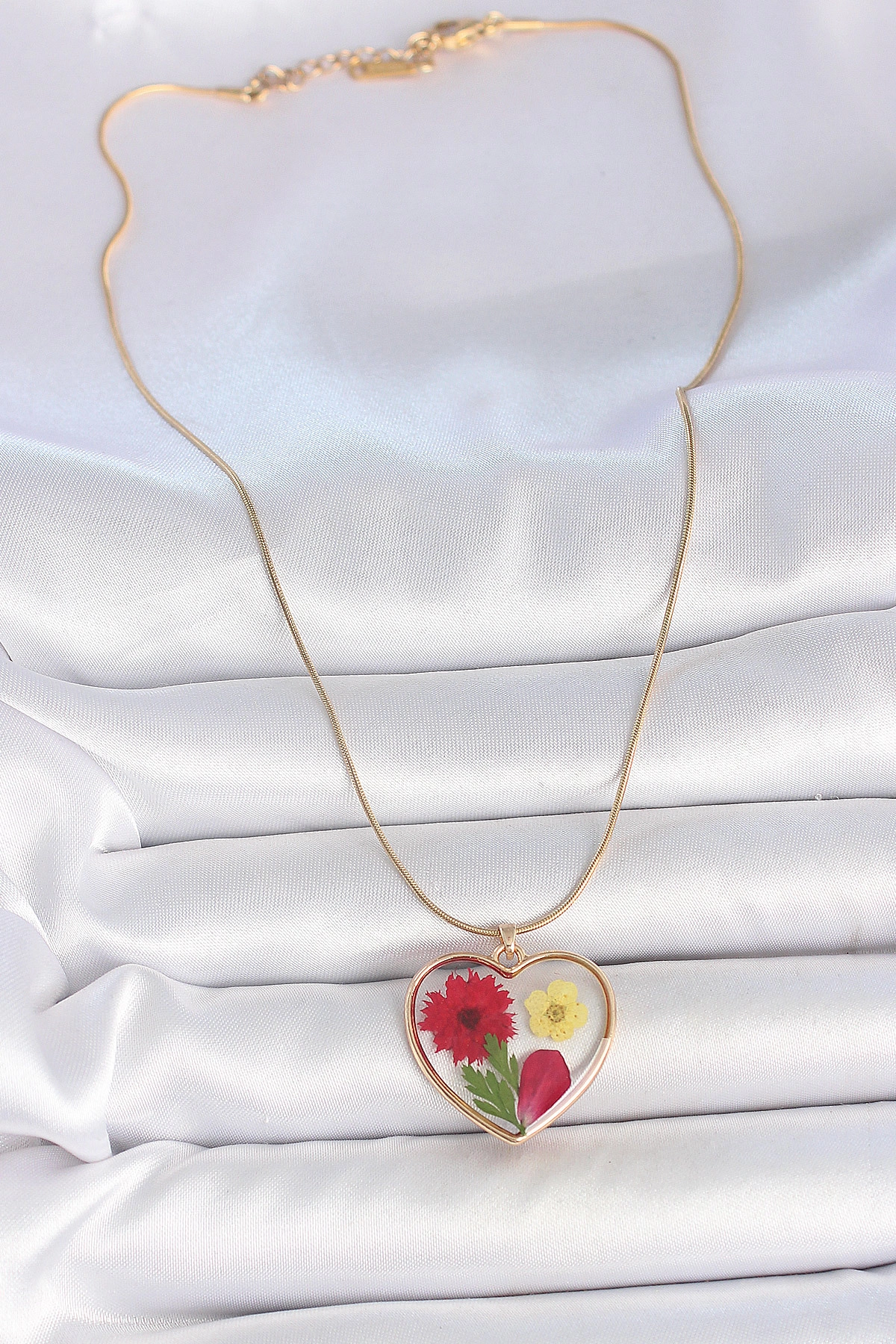 316L Çelik Gold Renk Zincir Epokis Kalp Doğal Çiçek Model Kadın Kolye-1