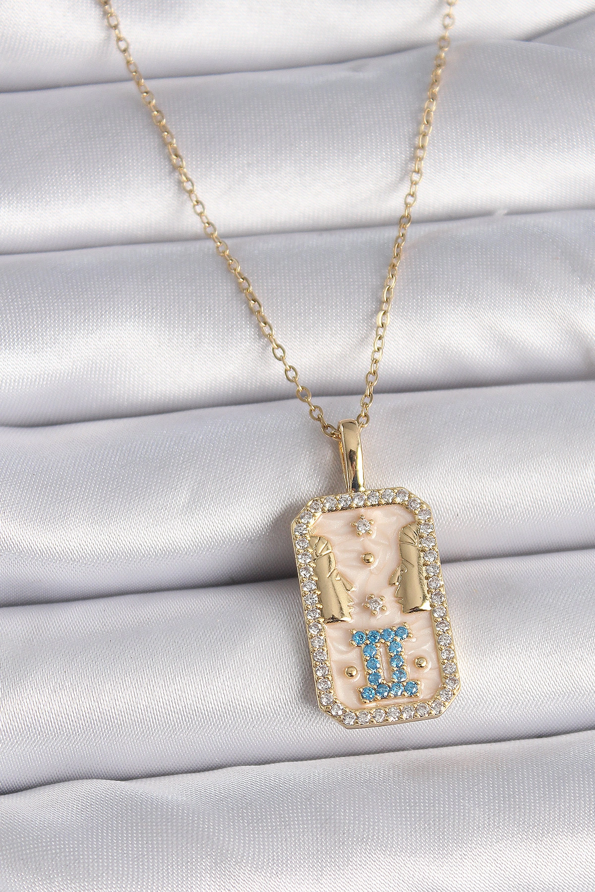 316L Çelik Gold Renk Zincir İkizler Burcu Zirkon Taşlı Kadın Kolye-0