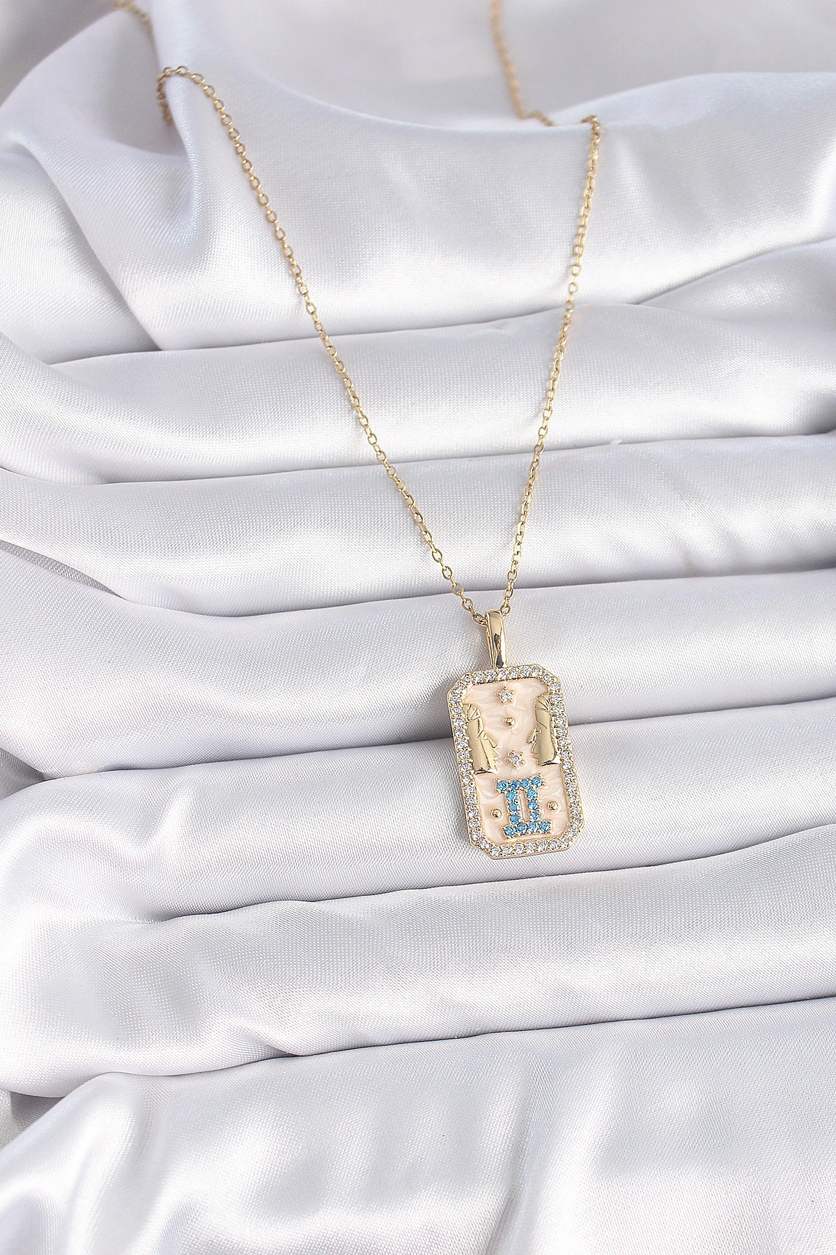 316L Çelik Gold Renk Zincir İkizler Burcu Zirkon Taşlı Kadın Kolye-1