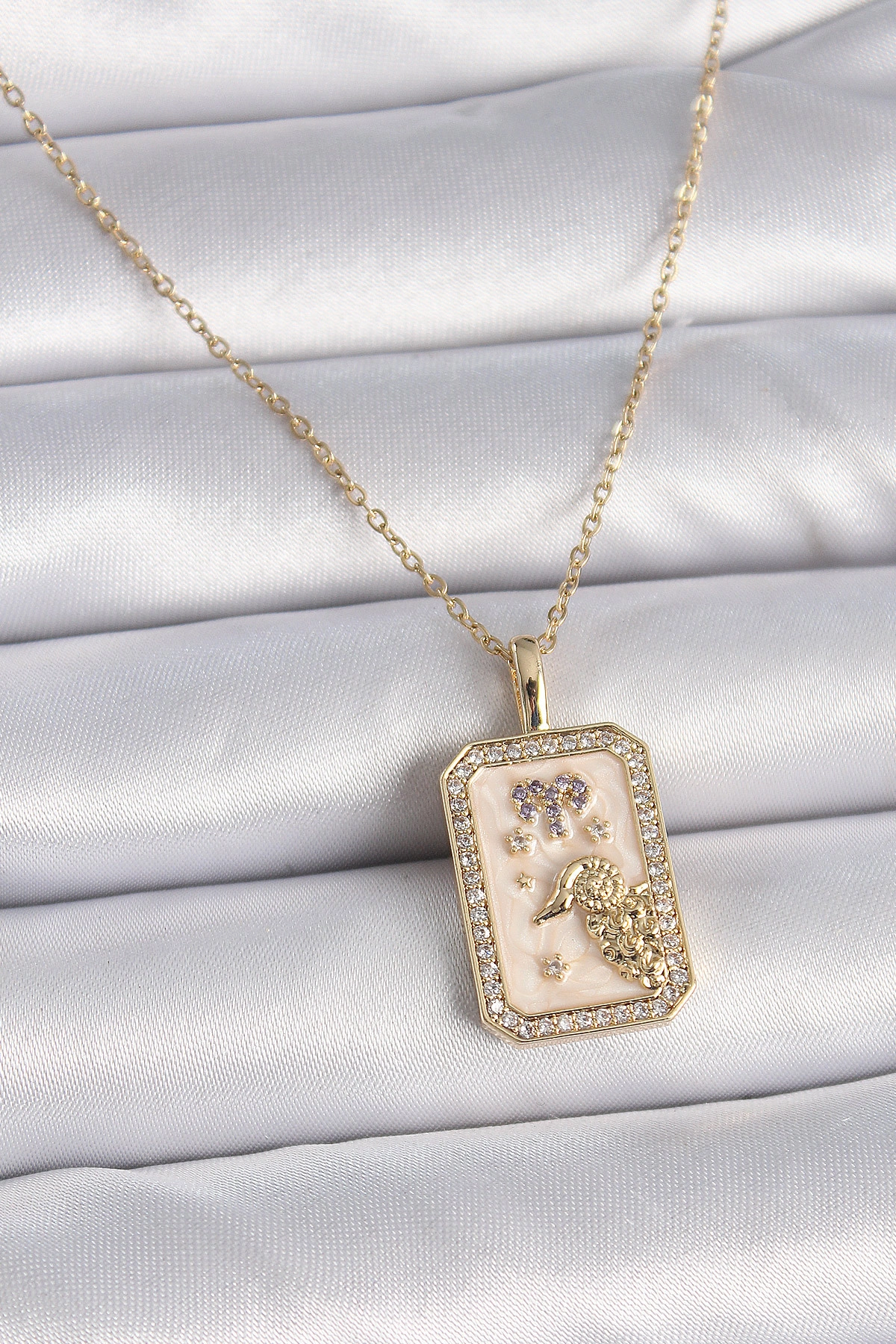 316L Çelik Gold Renk Zincir Koç Burcu Zirkon Taşlı Kadın Kolye-0