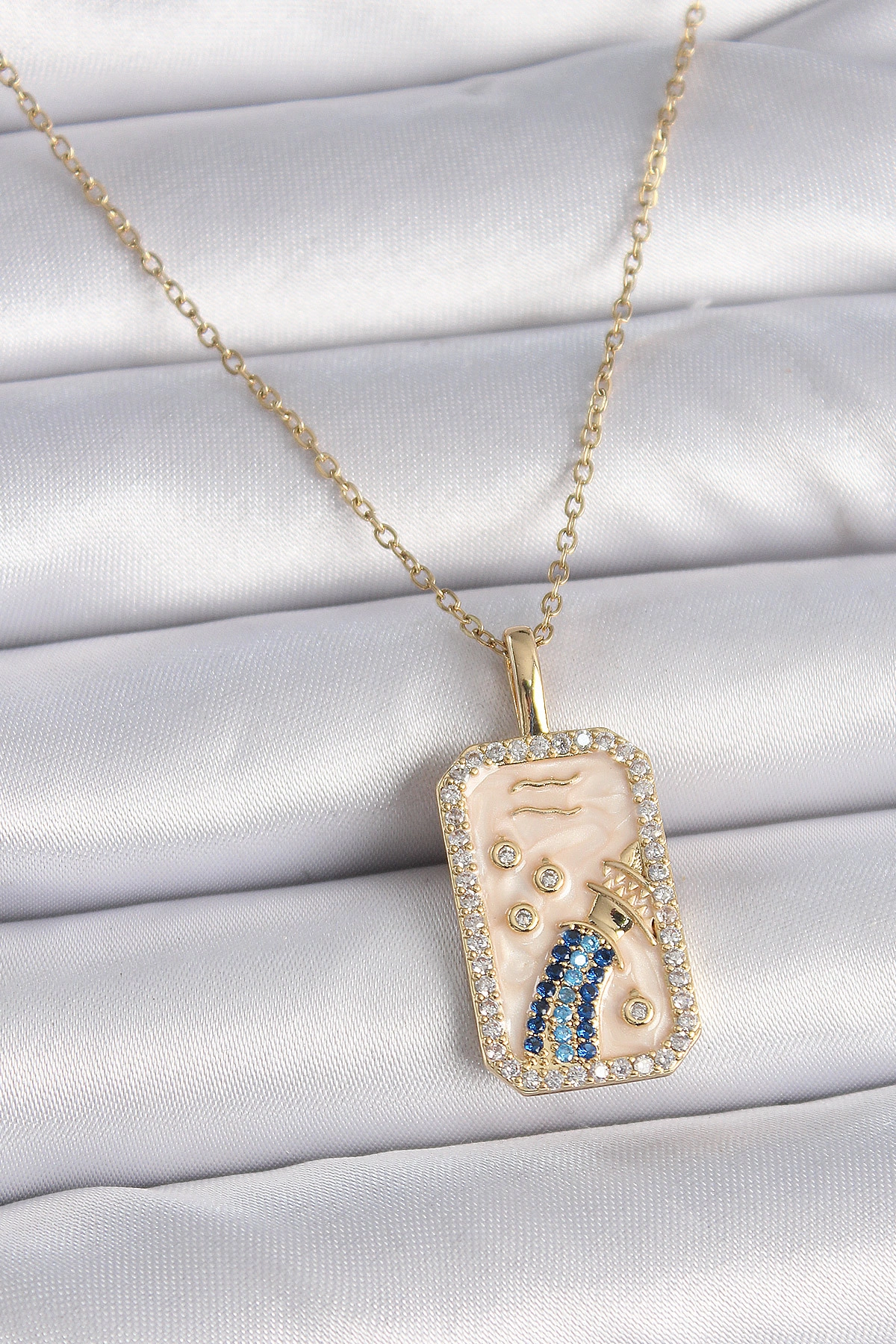 316L Çelik Gold Renk Zincir Kova Burcu Zirkon Taşlı Kadın Kolye-0