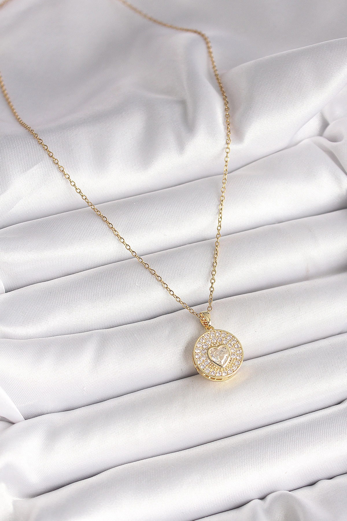 316L Çelik Gold Renk Zincir Madalyon Zirkon Taşlı Kalp Model Kadın Kolye-1