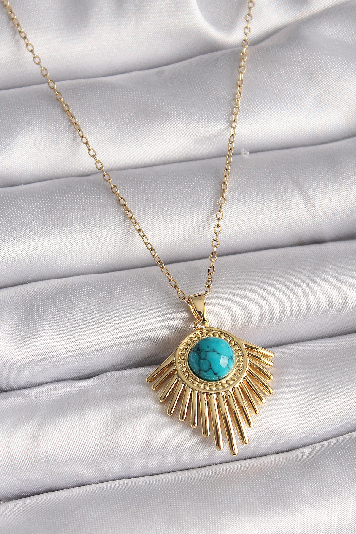 316L Çelik Gold Renk Zincir Mavi Boncuk Güneş Model Kadın Kolye-0