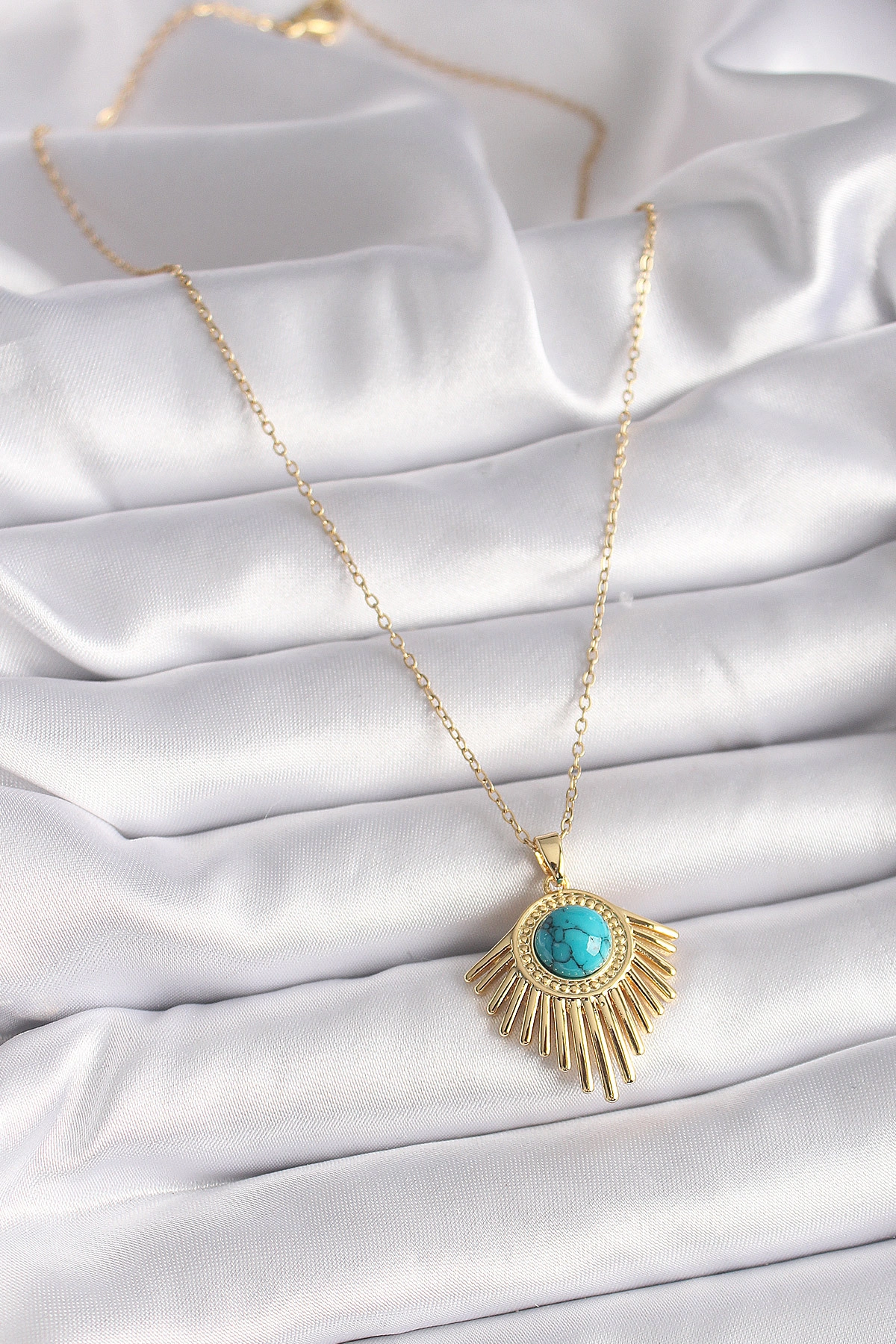 316L Çelik Gold Renk Zincir Mavi Boncuk Güneş Model Kadın Kolye-1