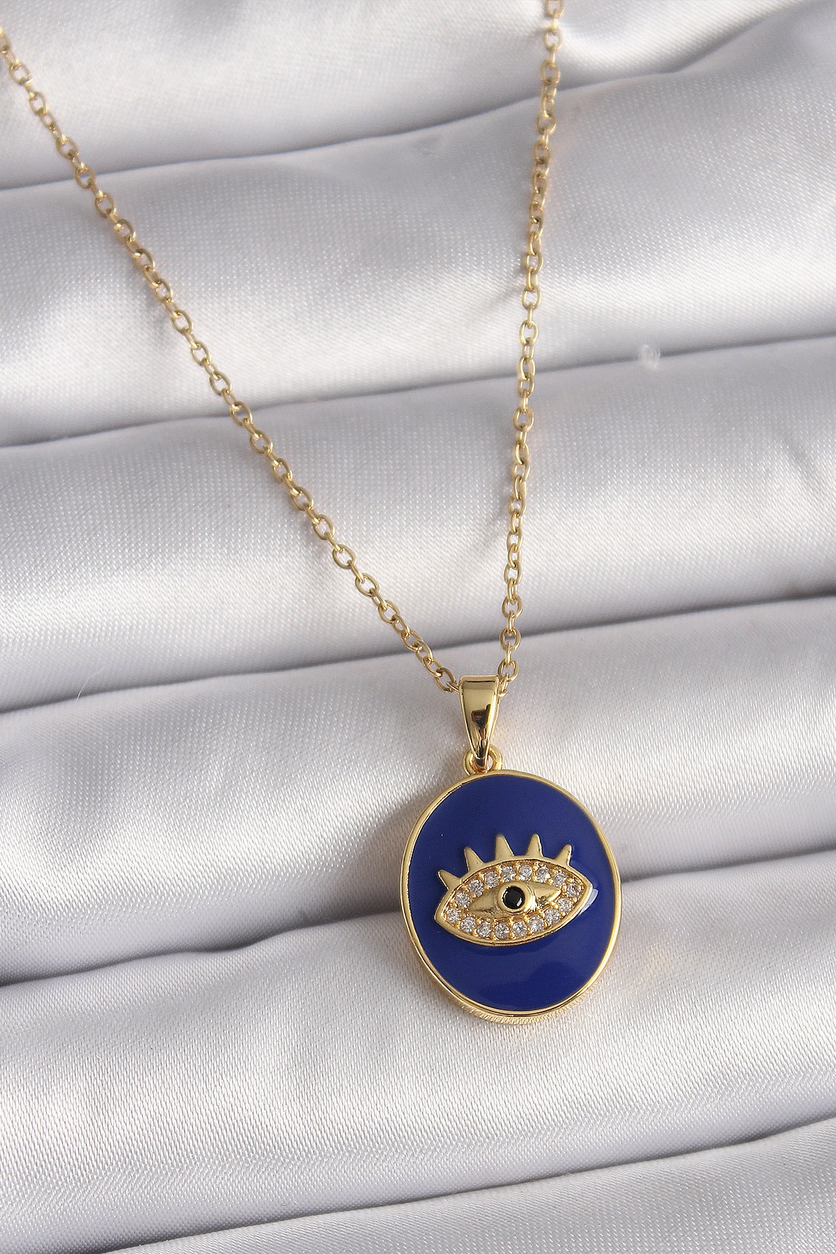 316L Çelik Gold Renk Zincir Mavi Mineli Zirkon Taşlı Göz İşleme Kadın Kolye-0