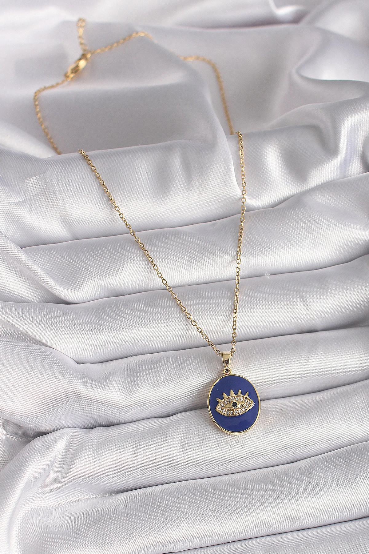 316L Çelik Gold Renk Zincir Mavi Mineli Zirkon Taşlı Göz İşleme Kadın Kolye-1