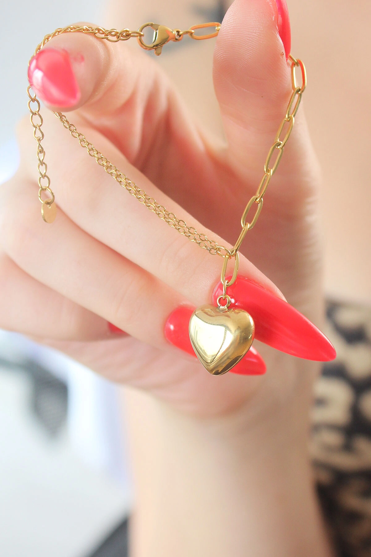 316L Çelik Gold Renk Zincir Model Kalp Figür Kadın Bileklik-1