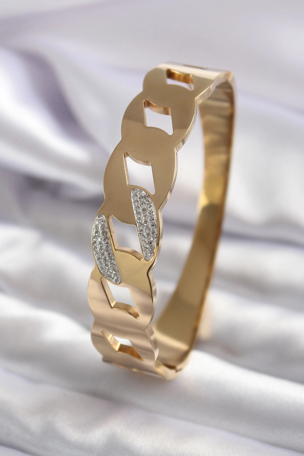 316L Çelik Gold Renk Zincir Model Zirkon Taş Detay Kadın Kelepçe-0