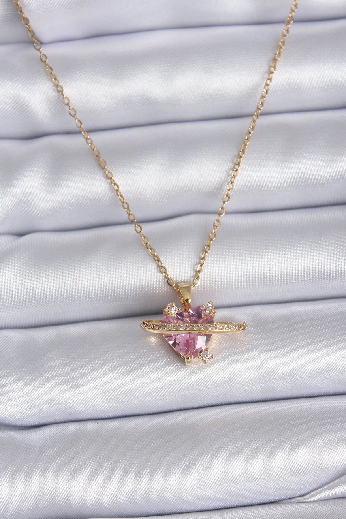 316L Çelik Gold Renk Zincir Pembe Kristal Kalp Model Zirkon Taş Detay Kadın Kolye-0