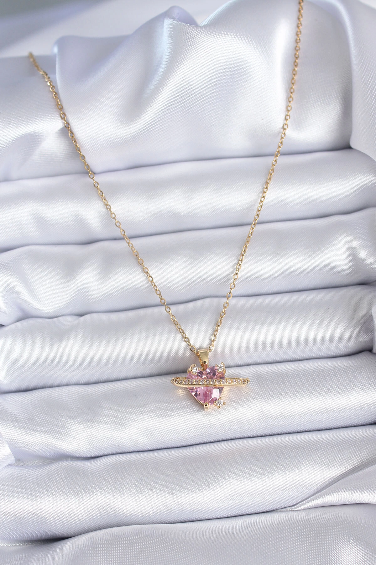 316L Çelik Gold Renk Zincir Pembe Kristal Kalp Model Zirkon Taş Detay Kadın Kolye-1