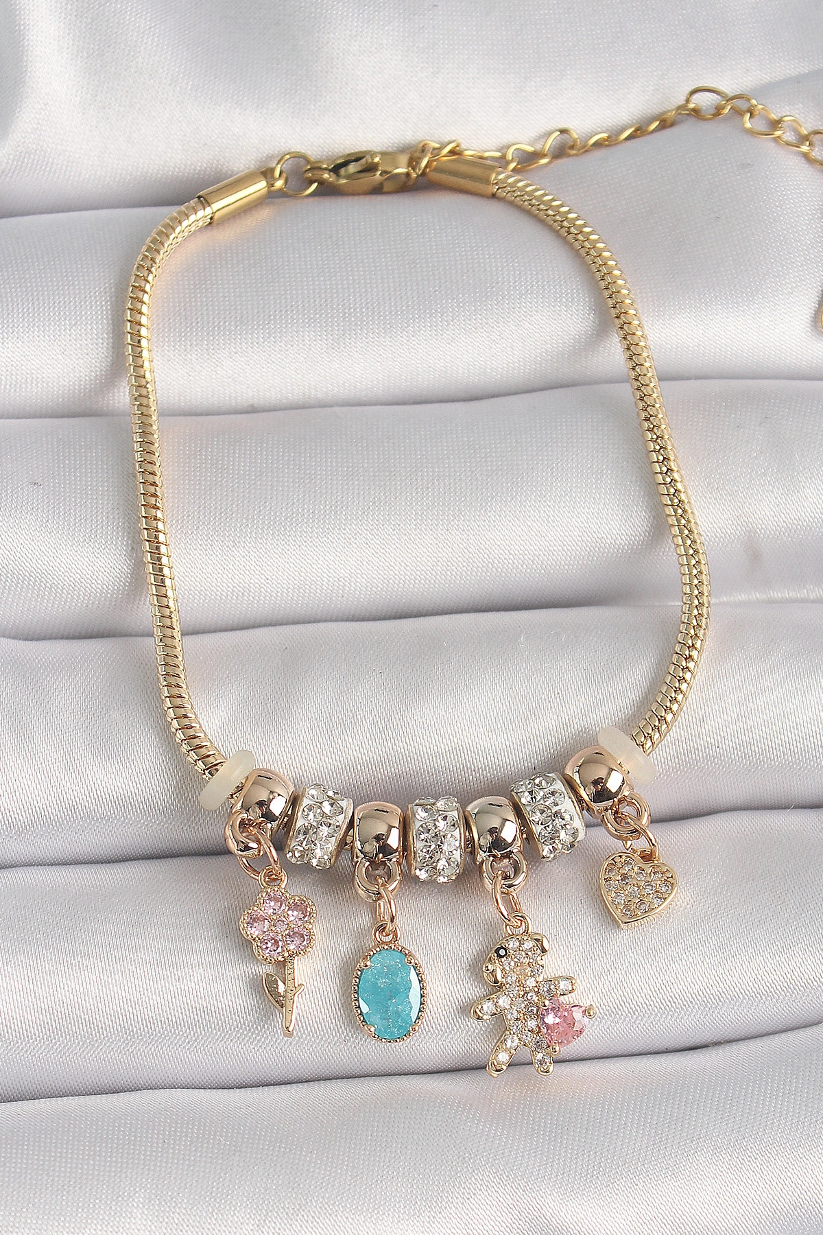 316L Çelik Gold Renk Zincir Sallantı Zirkon Taşlı Ayıcık Figür Çiçek Detay Kadın Bileklik-0