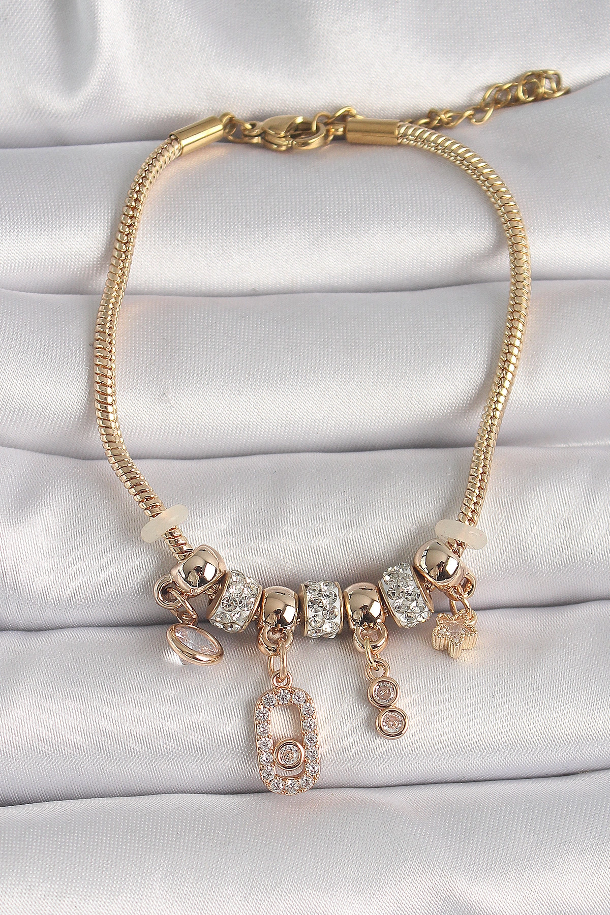 316L Çelik Gold Renk Zincir Sallantı Zirkon Taşlı Messika Figür Yıldız Detay Kadın Bileklik-0