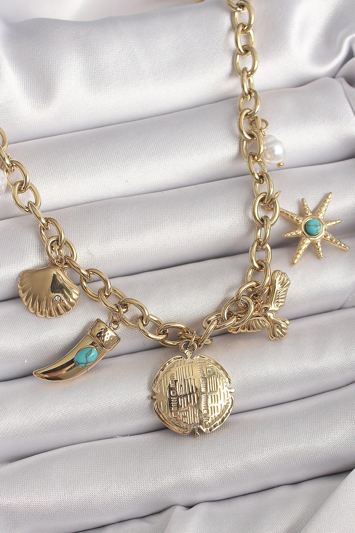 316L Çelik Gold Renk Zincir Sallantılı Çoklu Figür Model Kadın Kolye-0