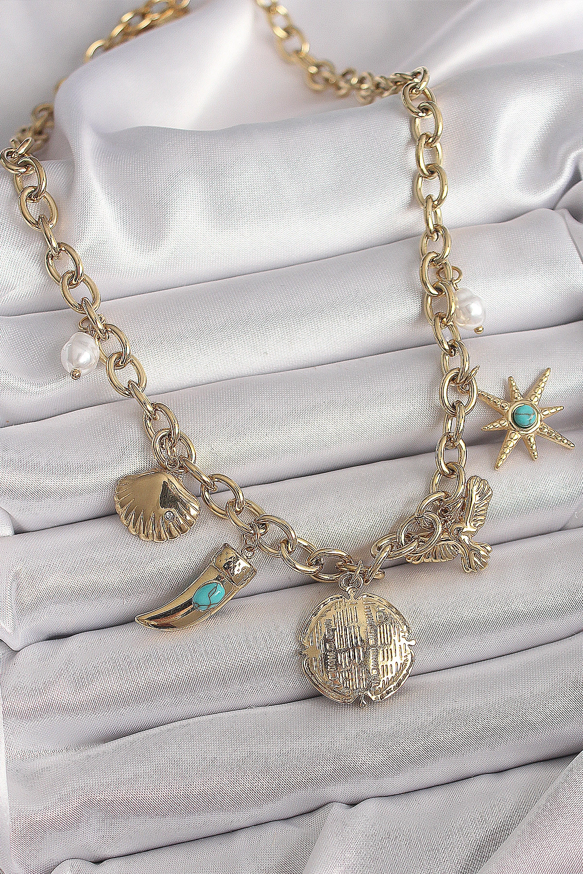 316L Çelik Gold Renk Zincir Sallantılı Çoklu Figür Model Kadın Kolye-1