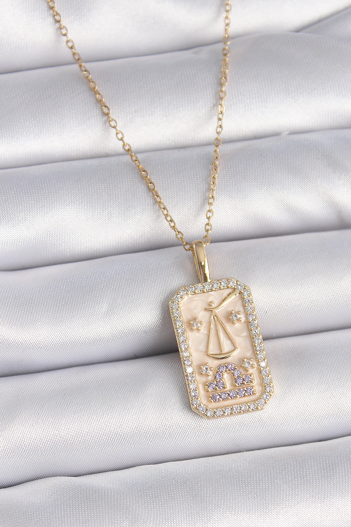 316L Çelik Gold Renk Zincir Terazi Burcu Zirkon Taşlı Kadın Kolye-0