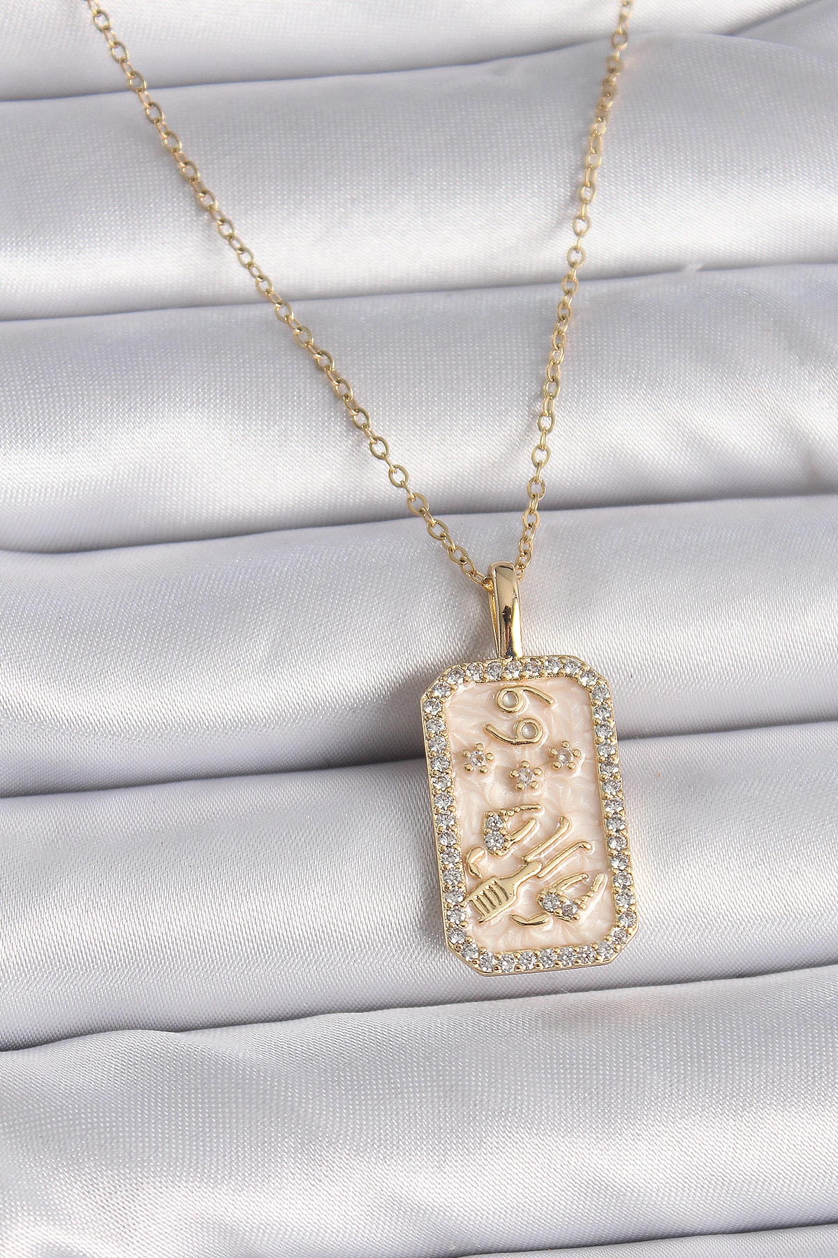 316L Çelik Gold Renk Zincir Yengeç Burcu Zirkon Taşlı Kadın Kolye-0