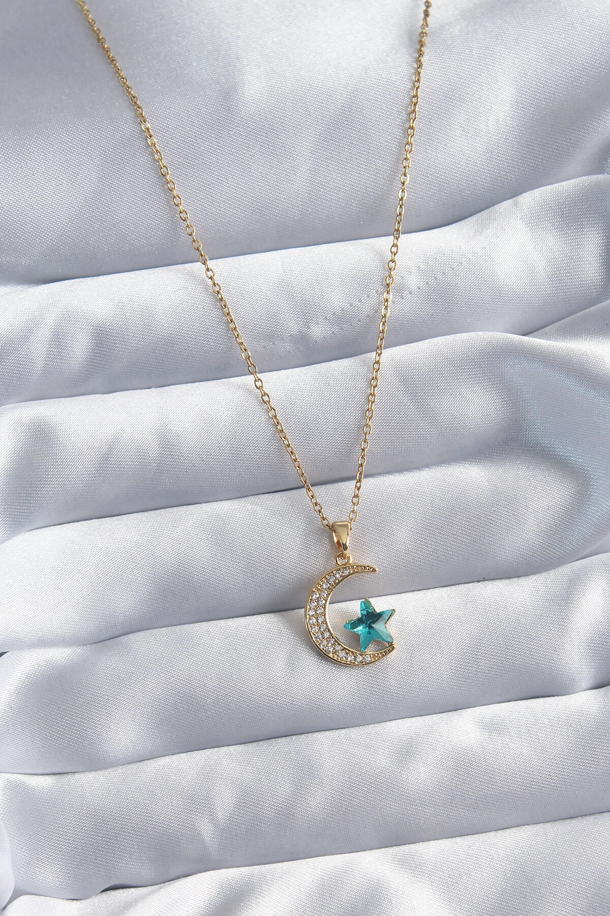 316L Çelik Gold Renk Zincir Zirkon Taş Detay Hilal Yıldızı Figür Kadın Kolye-0