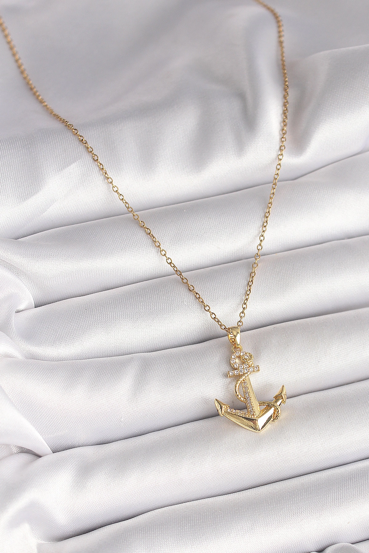 316L Çelik Gold Renk Zincir Zirkon Taş Detaylı Çapa Model Kadın Kolye-1