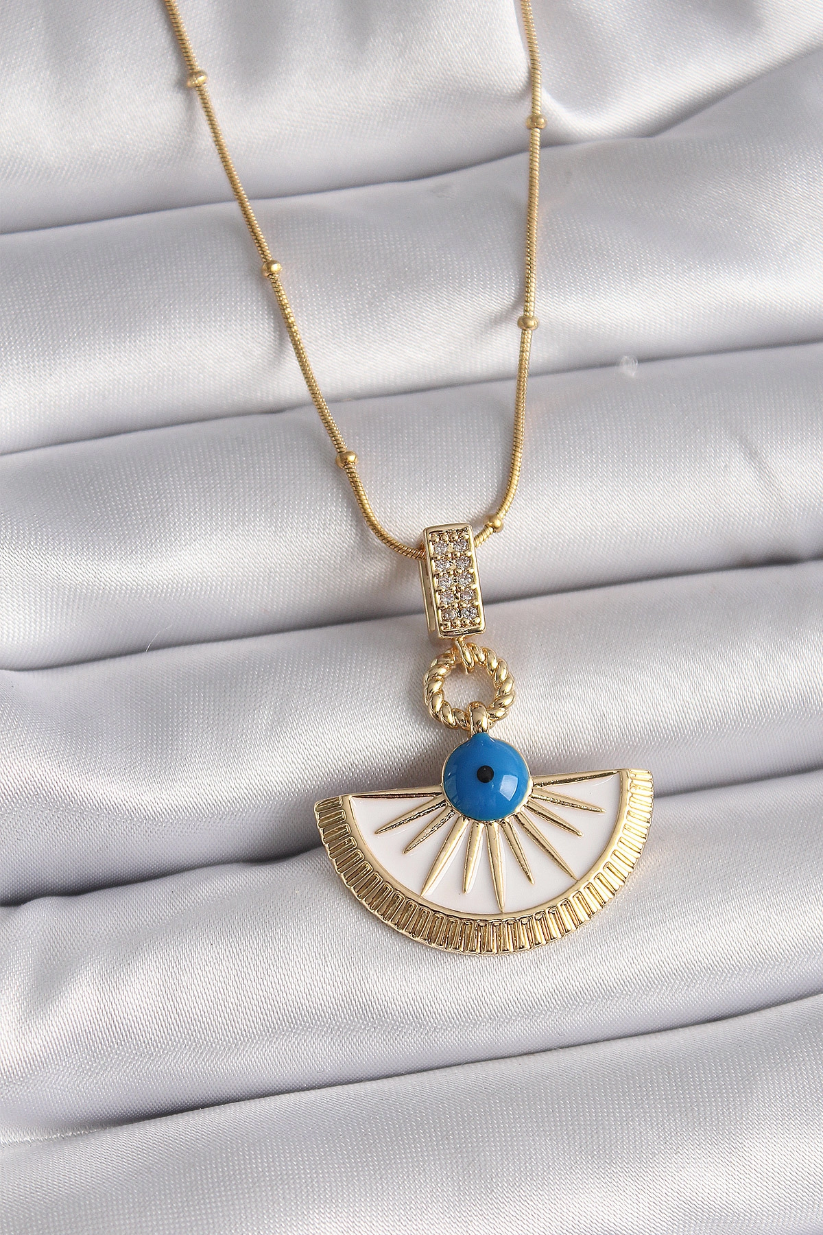 316L Çelik Gold Renk Zincir Zirkon Taş Detaylı Nazar Boncuk Göz Model Kadın Kolye-0