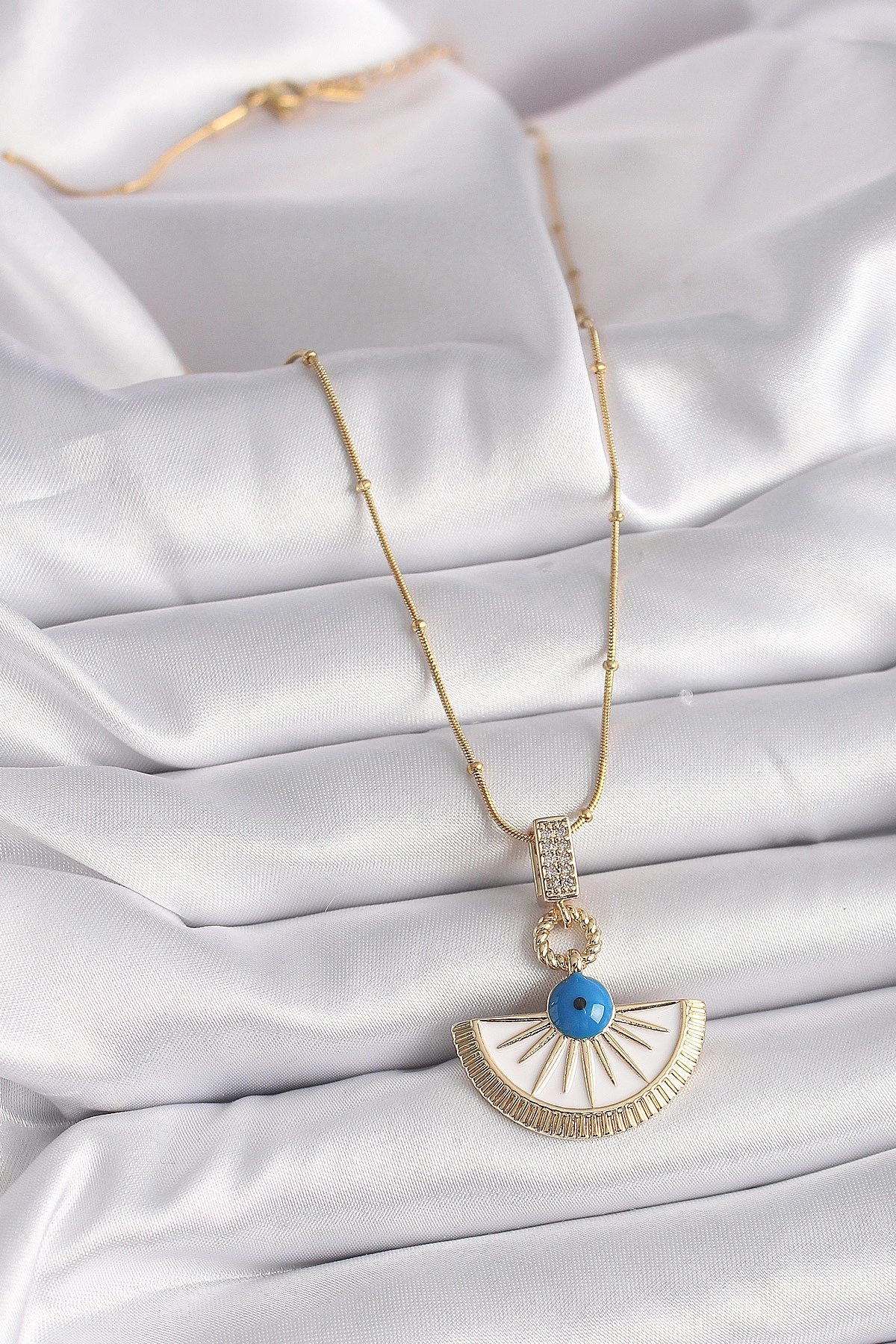 316L Çelik Gold Renk Zincir Zirkon Taş Detaylı Nazar Boncuk Göz Model Kadın Kolye-1