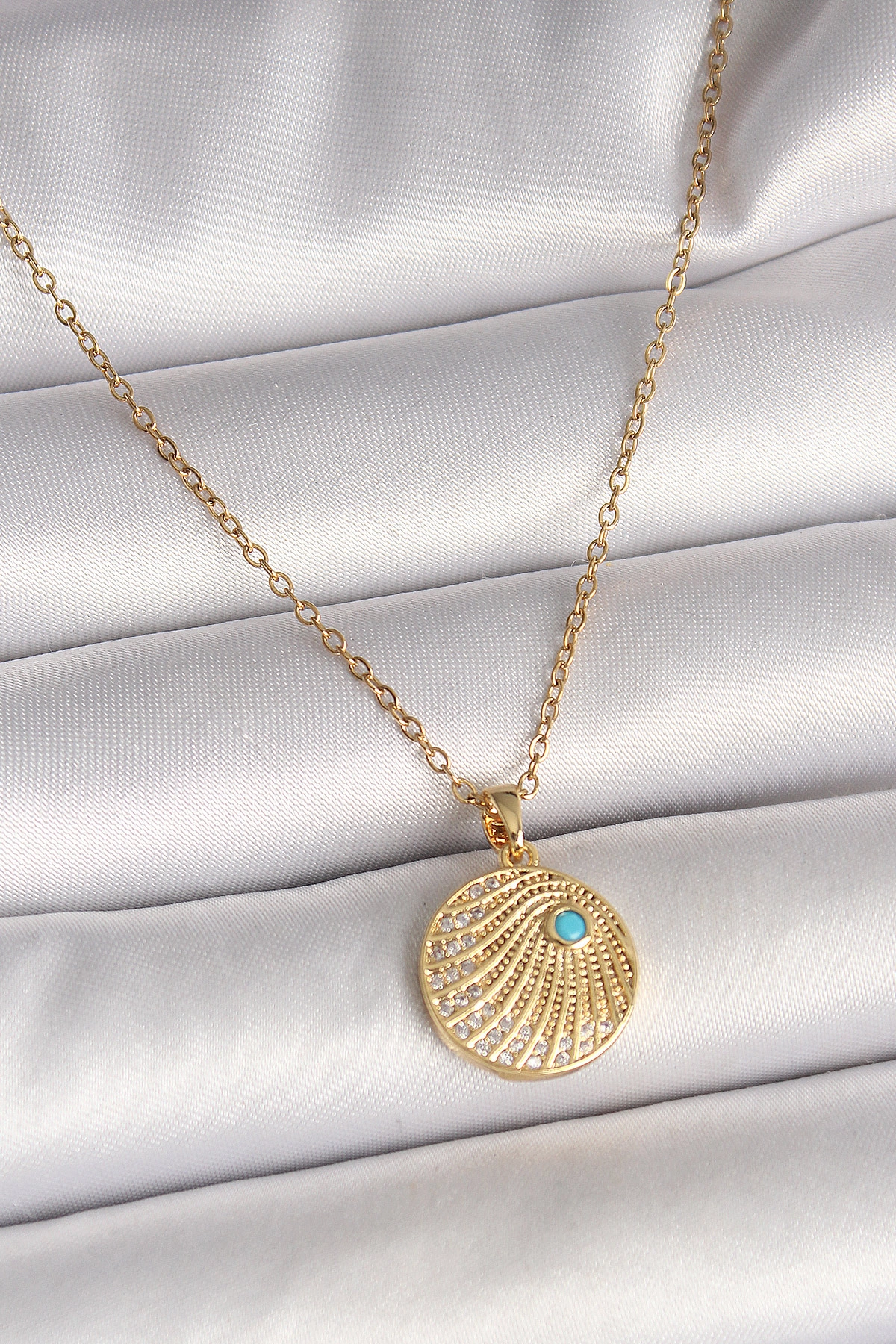 316L Çelik Gold Renk Zincir Zirkon Taş İşlemeli Mavi Taş Detaylı Madalyon Model Kadın Kolye-0