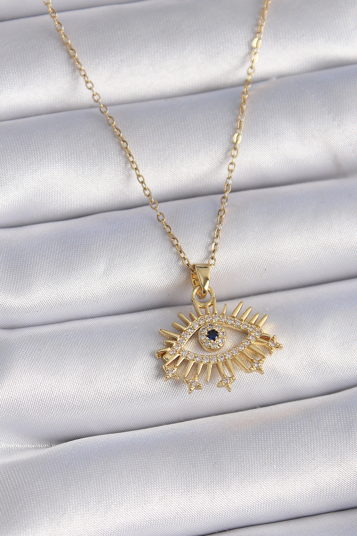 316L Çelik Gold Renk Zincir Zirkon Taşlı Göz Figür Kadın Kolye-0