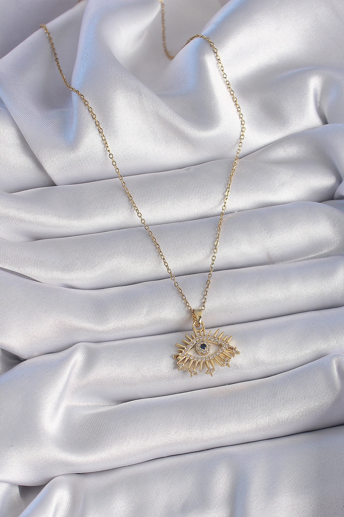 316L Çelik Gold Renk Zincir Zirkon Taşlı Göz Figür Kadın Kolye-1