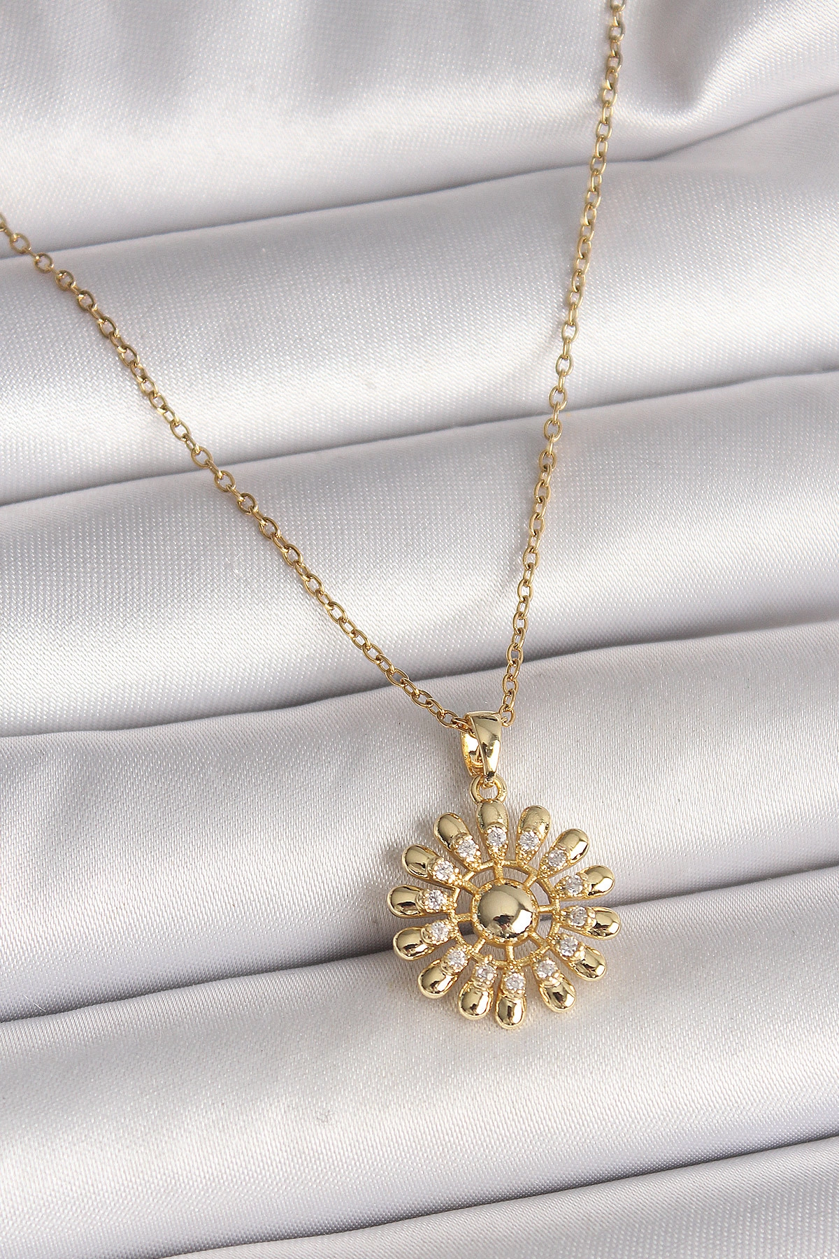 316L Çelik Gold Renk Zincir Zirkon Taşlı Güneş Model Kadın Kolye-0