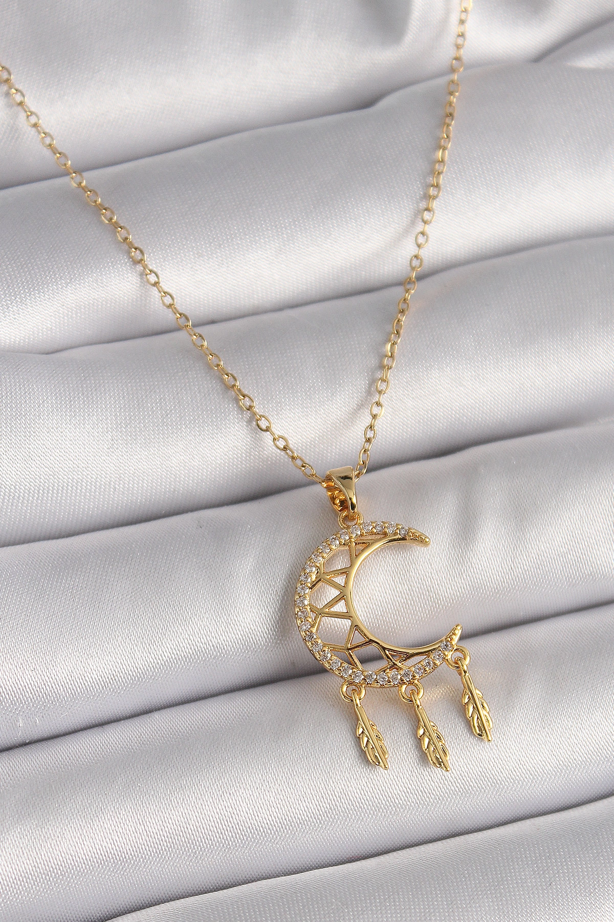 316L Çelik Gold Renk Zincir Zirkon Taşlı Hilal Model Sallantı Yaprak Detay Kadın Kolye-0
