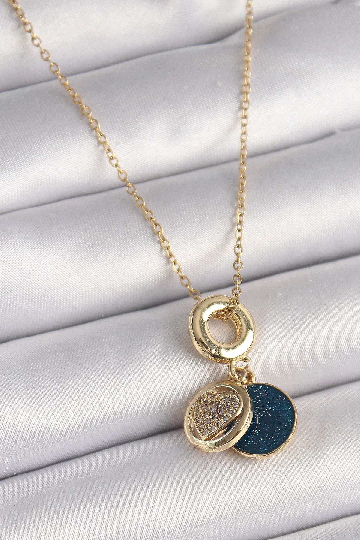 316L Çelik Gold Renk Zincir Zirkon Taşlı Kalp Model Mavi Simli Kadın Kolye-0