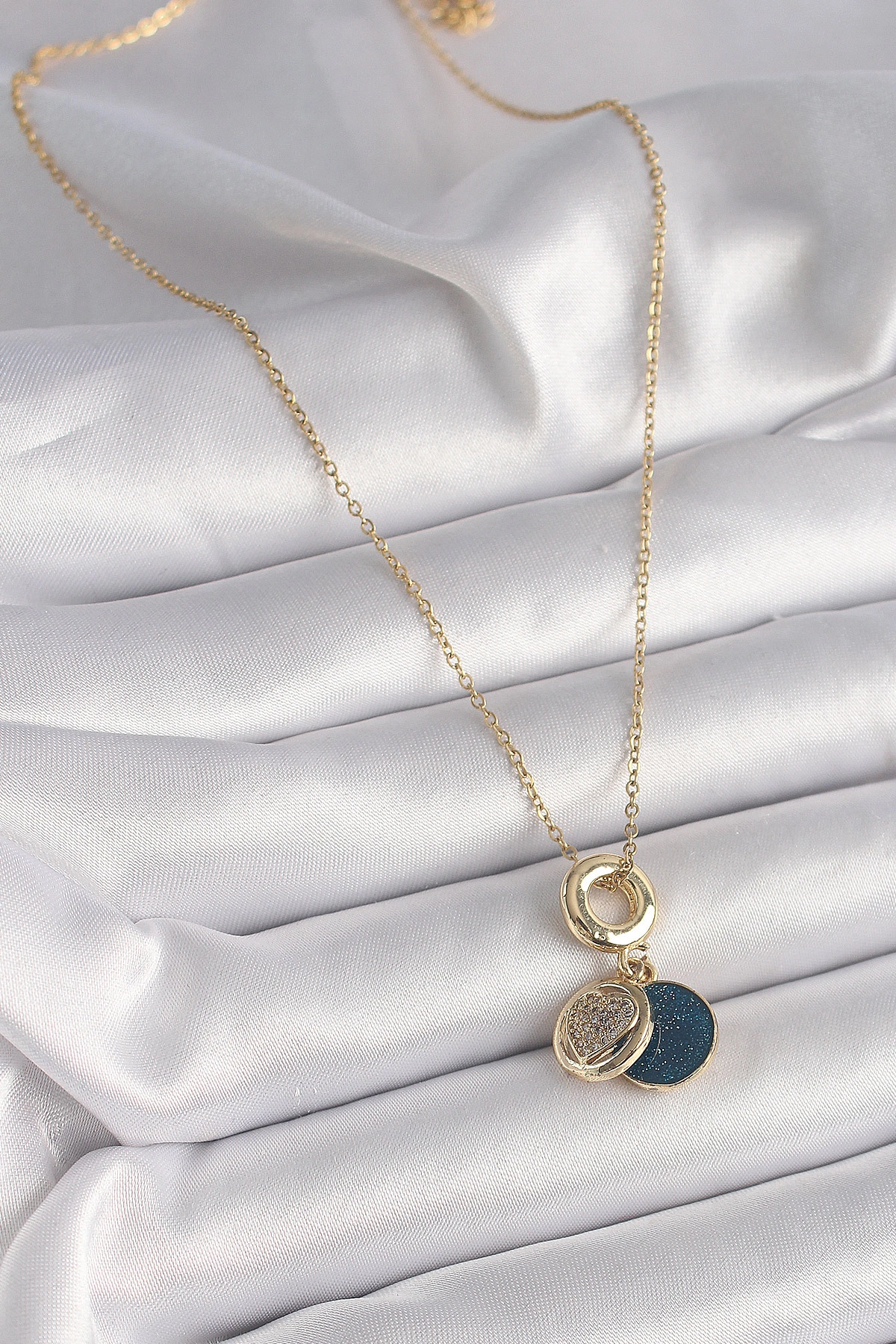 316L Çelik Gold Renk Zincir Zirkon Taşlı Kalp Model Mavi Simli Kadın Kolye-1