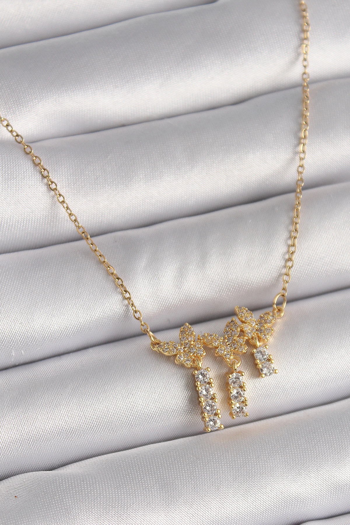 316L Çelik Gold Renk Zincir Zirkon Taşlı Kelebek Model Sallantı Detay Kadın Kolye-0