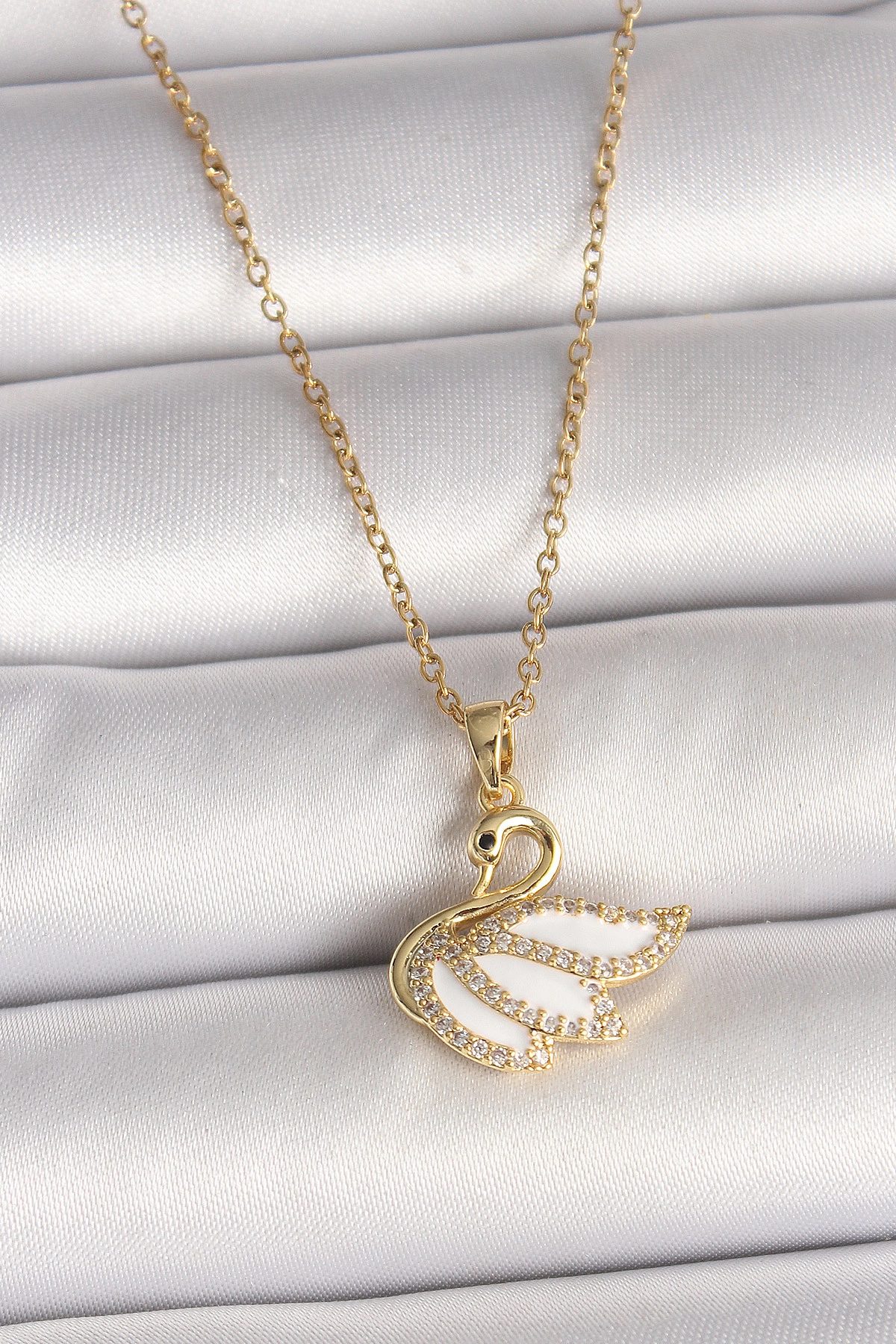 316L Çelik Gold Renk Zincir Zirkon Taşlı Kuğu Model Kadın Kolye-0