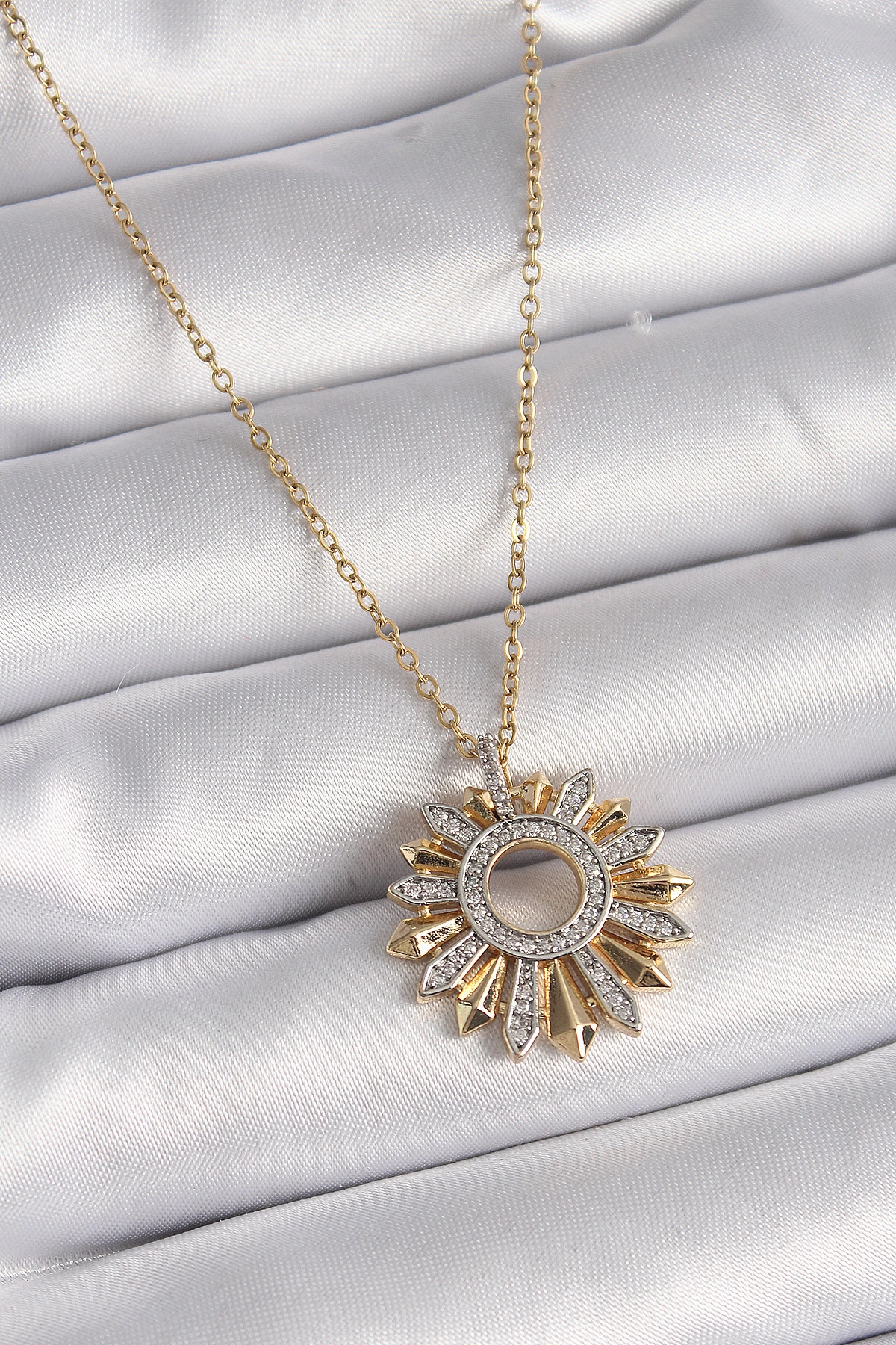 316L Çelik Gold Renk Zincir Zirkon Taşlı Mix Renk Güneş Model Kadın Kolye-0
