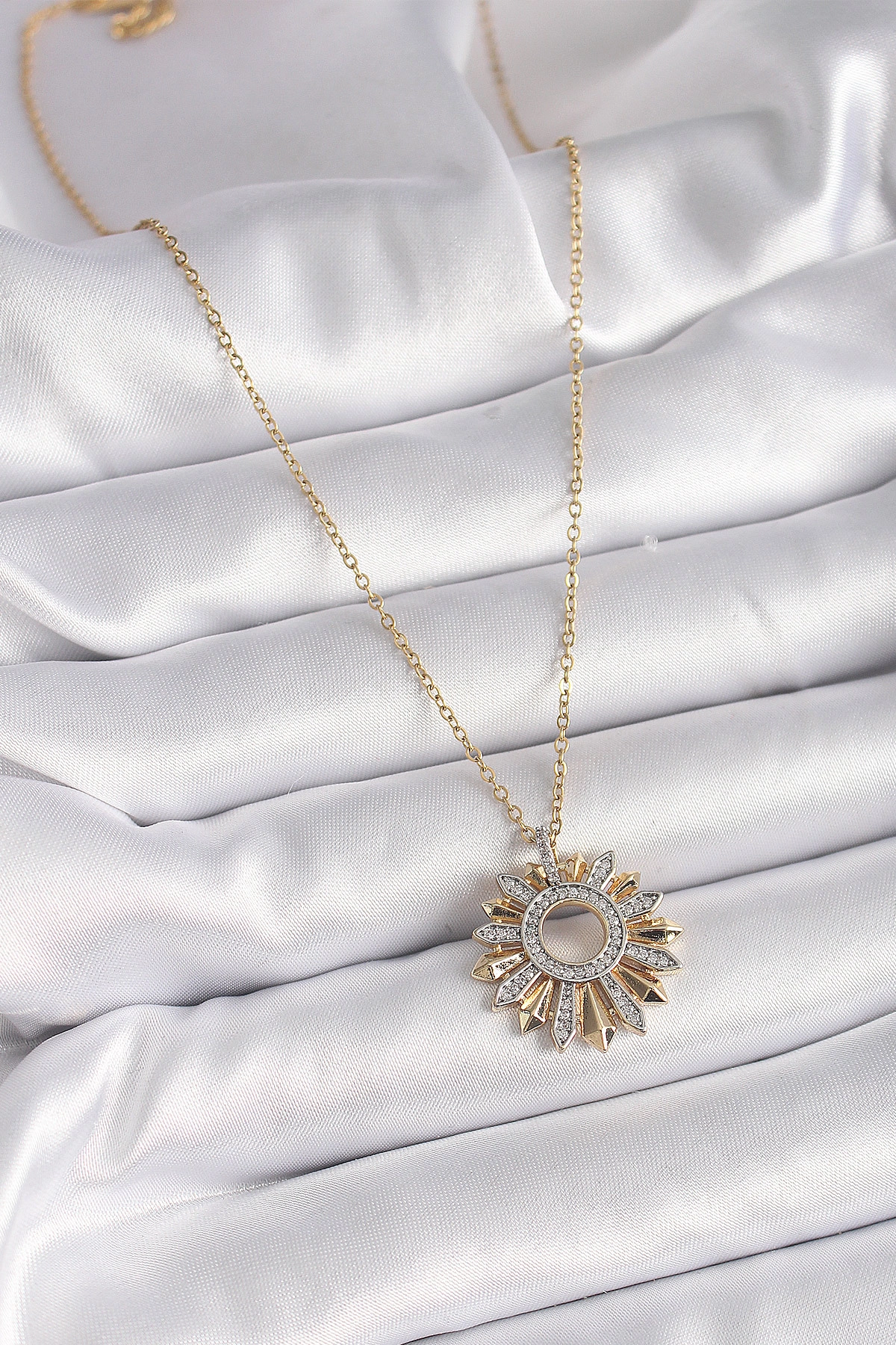316L Çelik Gold Renk Zincir Zirkon Taşlı Mix Renk Güneş Model Kadın Kolye-1