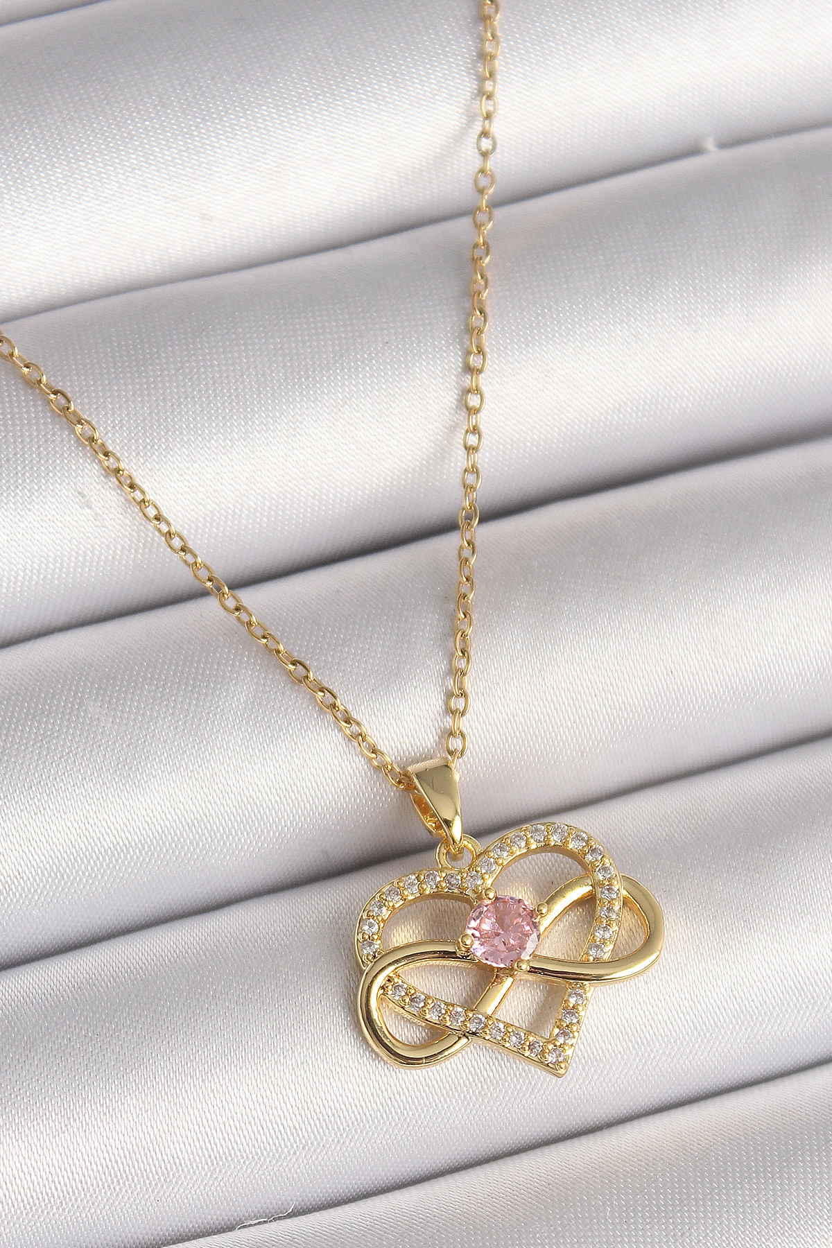 316L Çelik Gold Renk Zincir Zirkon Taşlı Sonsuzluk Kalp Model Kadın Kolye-0