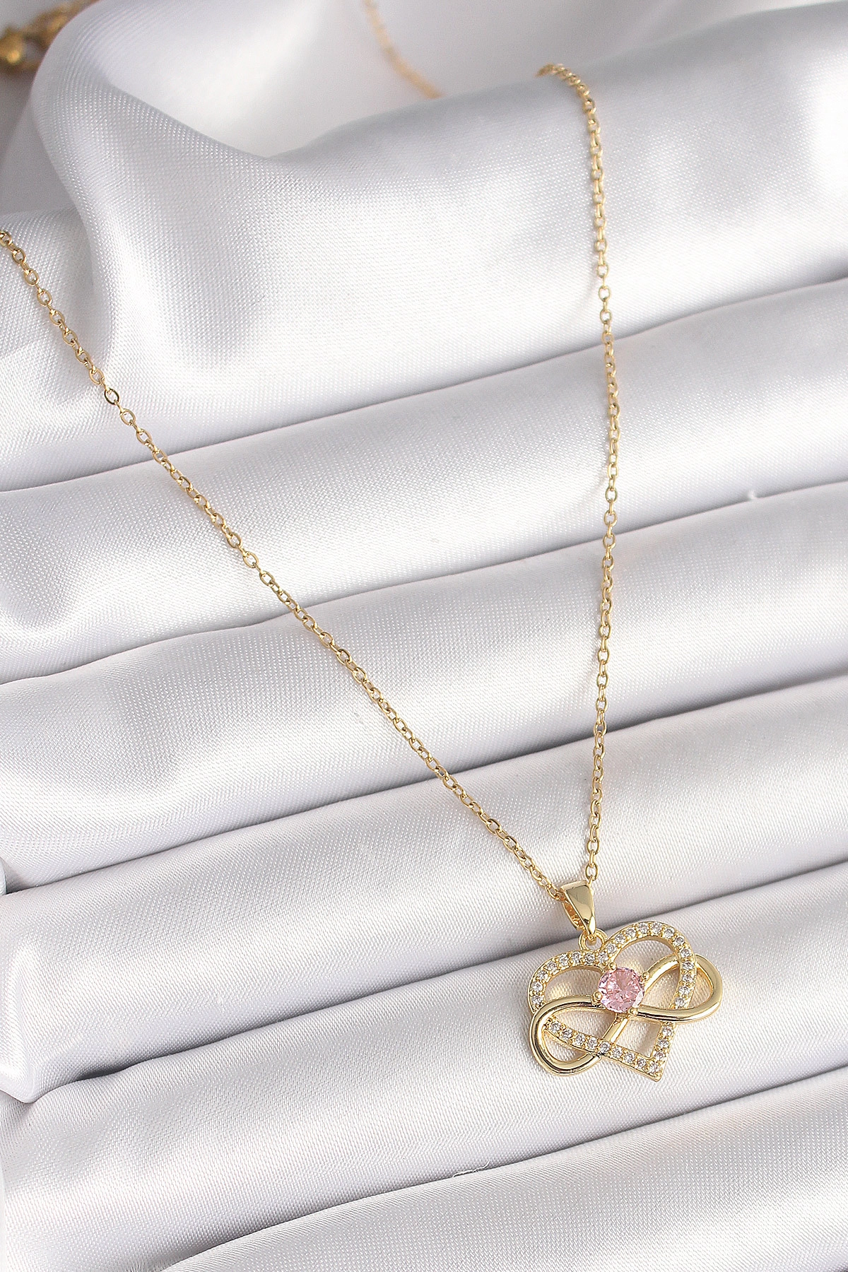 316L Çelik Gold Renk Zincir Zirkon Taşlı Sonsuzluk Kalp Model Kadın Kolye-1